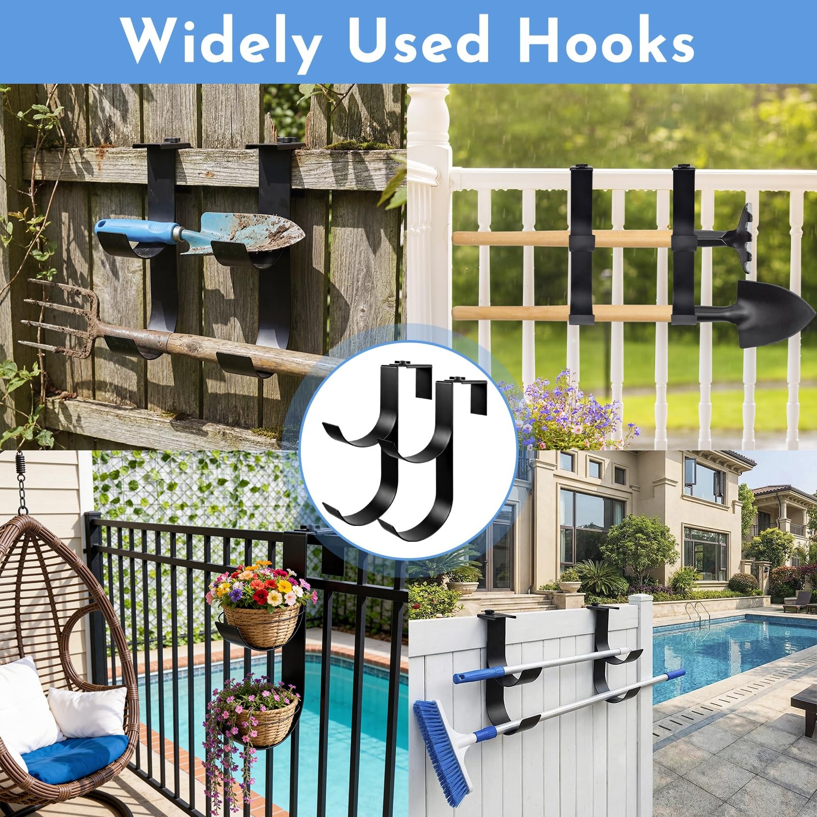 Pool Pole Hanger Fence Hook – 2pcs Adjustable Double Pool Hooks for Deck Stee…