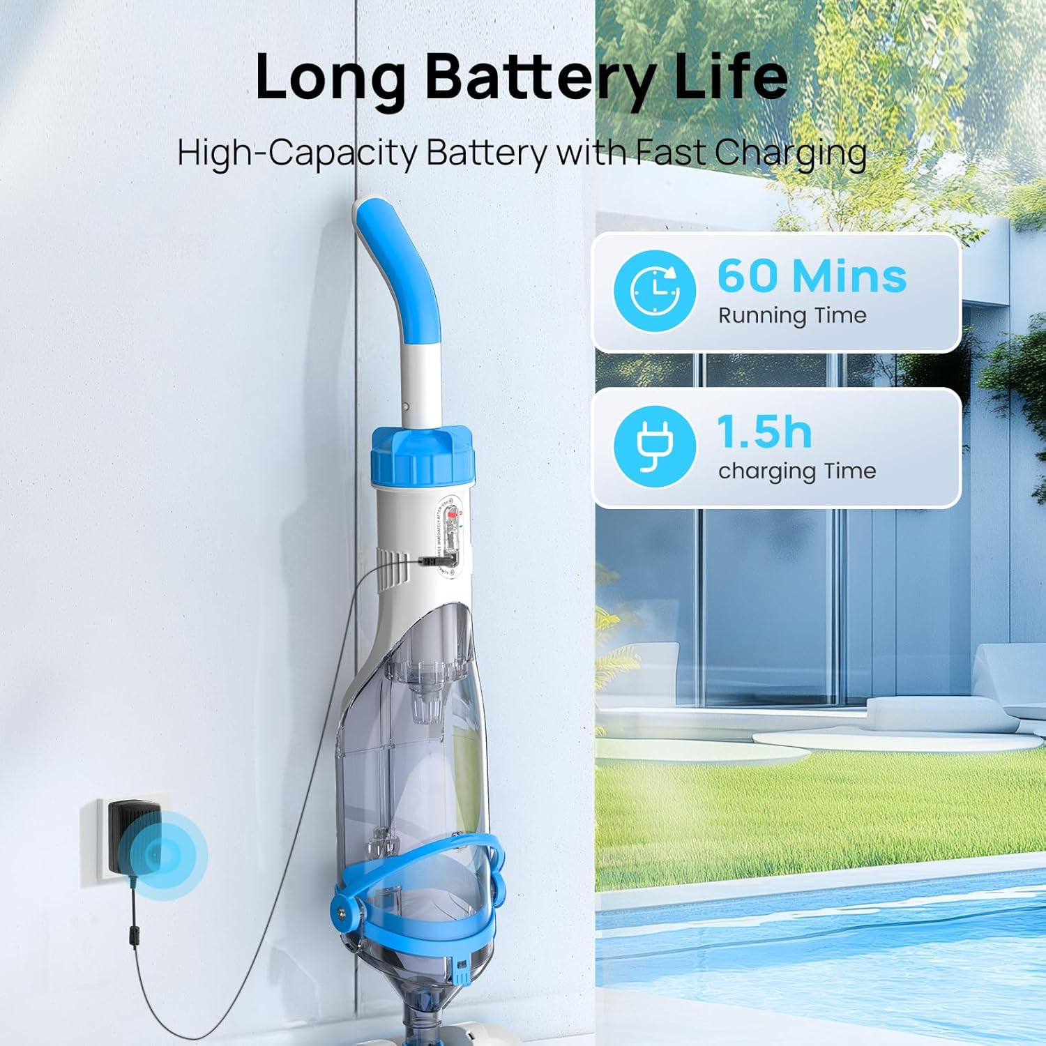 Cordless Pool Vacuum with Telescopic Pole, 60-Min Runtime, 18.5 GPM Suction