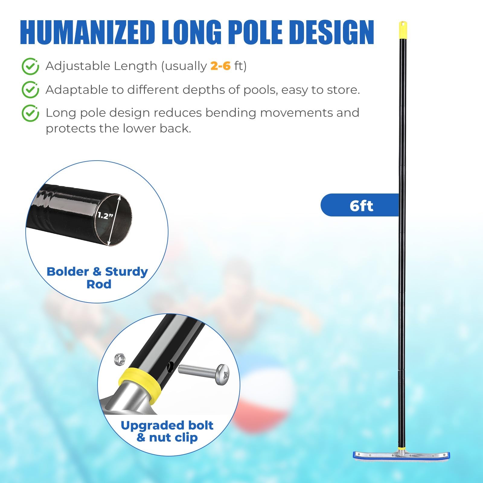 Heavy Duty 6FT Pool Brush – 2-in-1 Pool Scrubber with Aluminum Frame & Nylon …