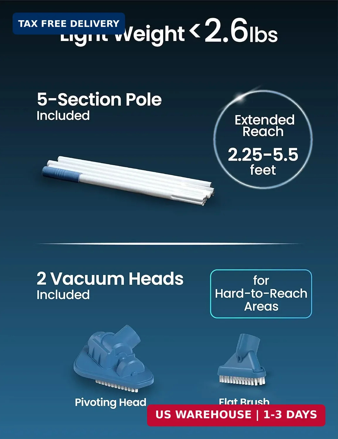 KOKIDO Cordless Handheld Pool Vacuum for Above Ground Pool, with 6ft Pole and 2