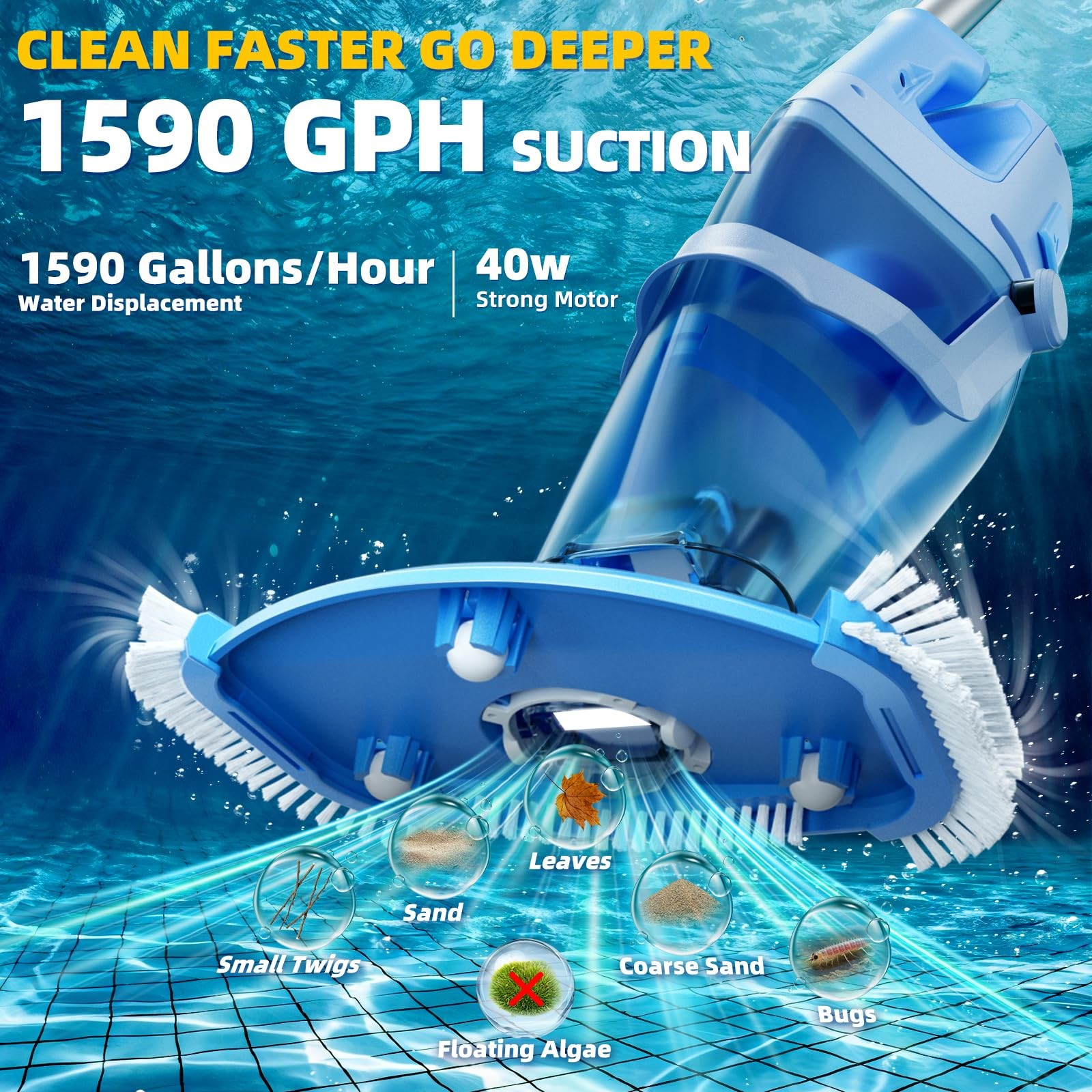 Cordless Pool Vacuum Above & Inground Pools, Powerful 1590 GPH Suction,Handhe…