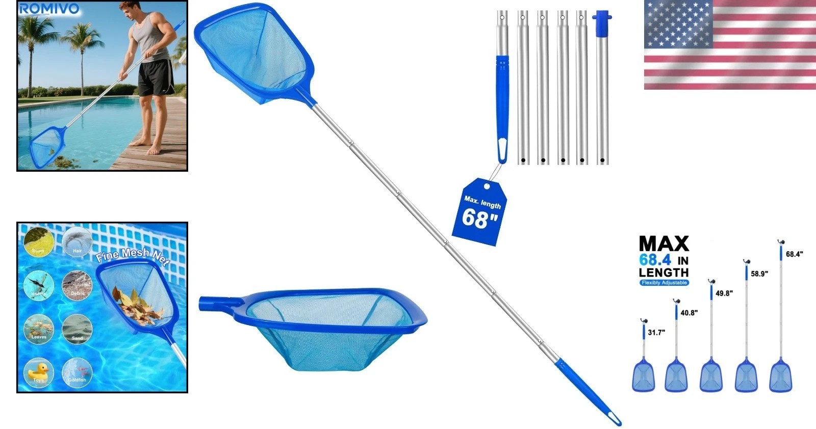 Professional-Grade Pool Skimmer Net – 2.6-5.7 ft Telescopic Pole for All Pools