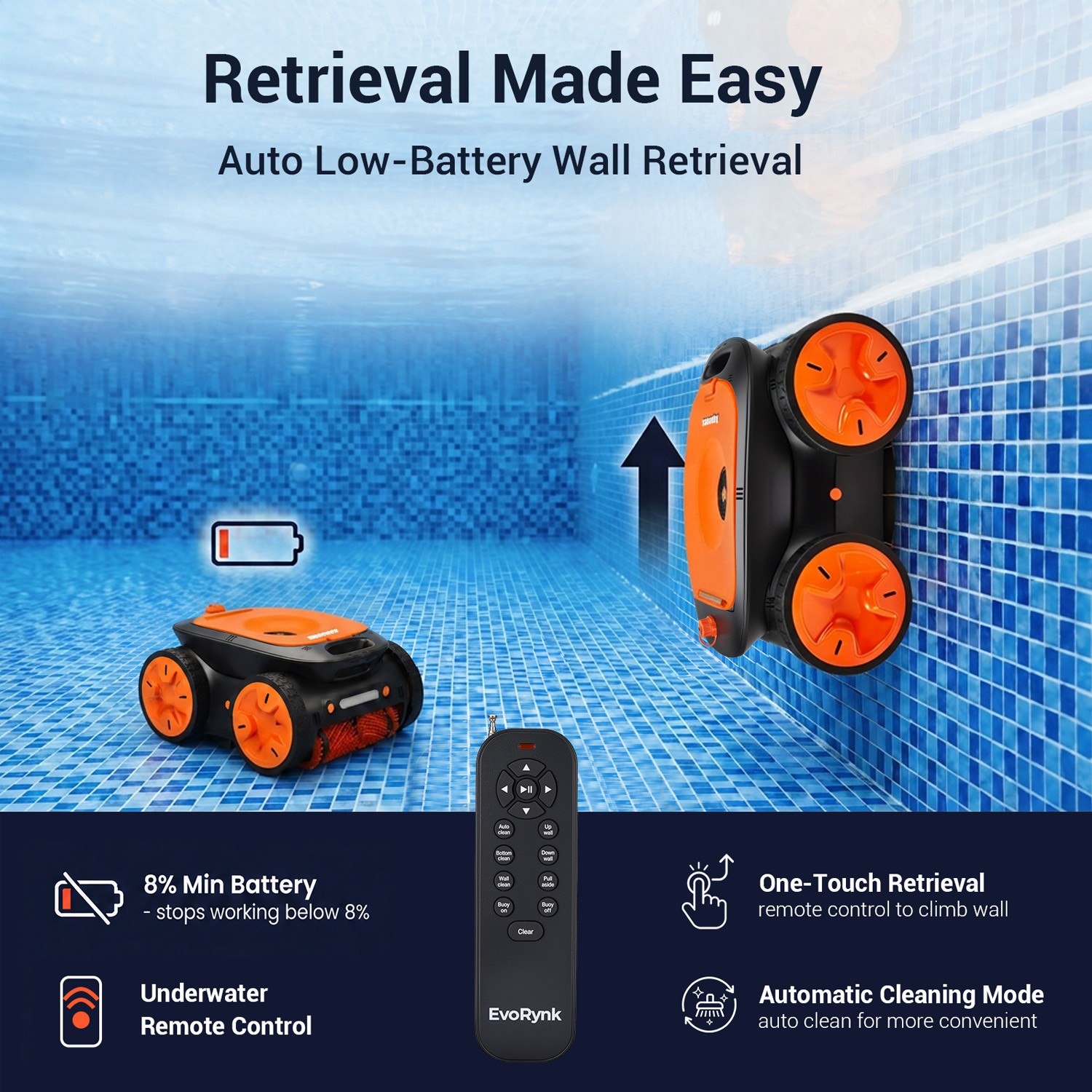 Cordless Robotic Pool Cleaner Remote Underwater Control 4WD Dual Brush Smart Nav