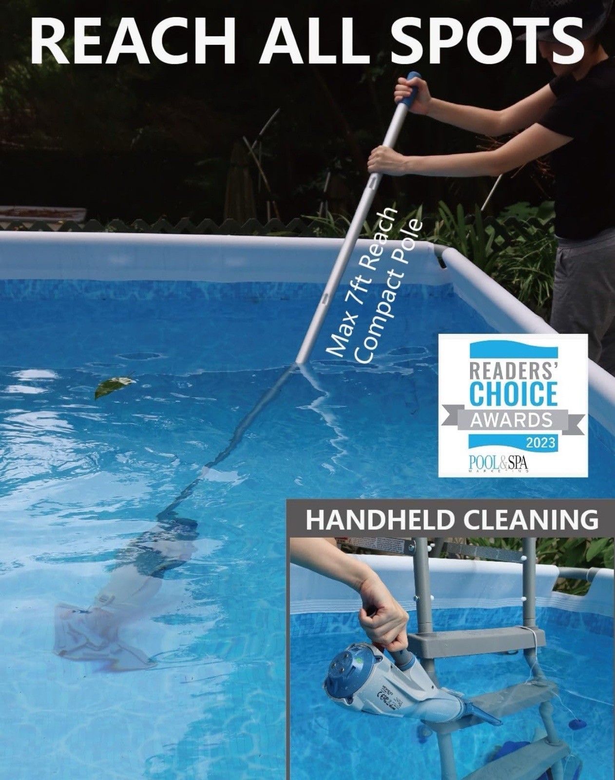 KOKIDO 2025 cordless pool vacuum, 72” pole, 16GPM suction, 2 heads, filters.