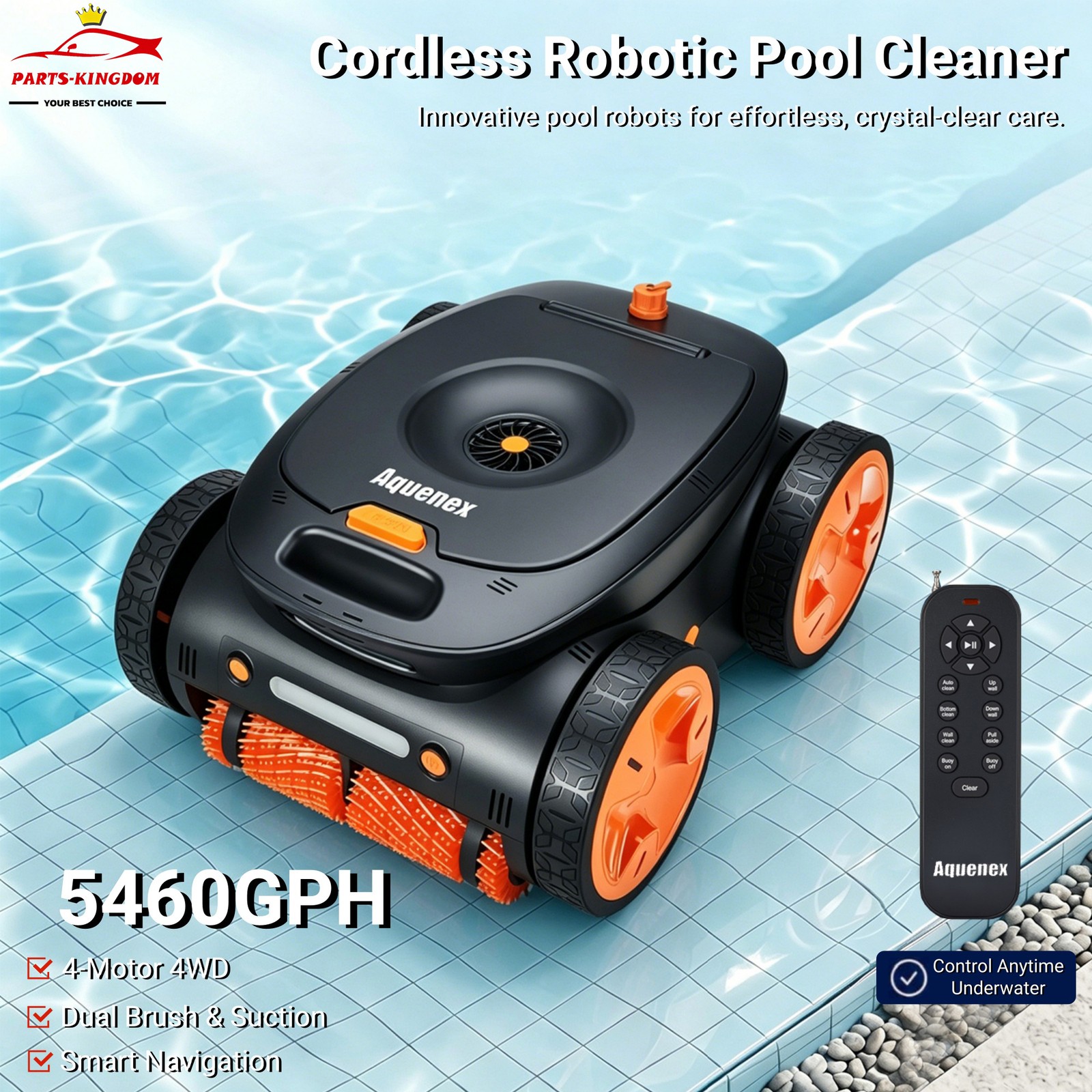 5460 GPH Cordless Robotic Pool Cleaner,Dual Brush & Suction with Remote Control