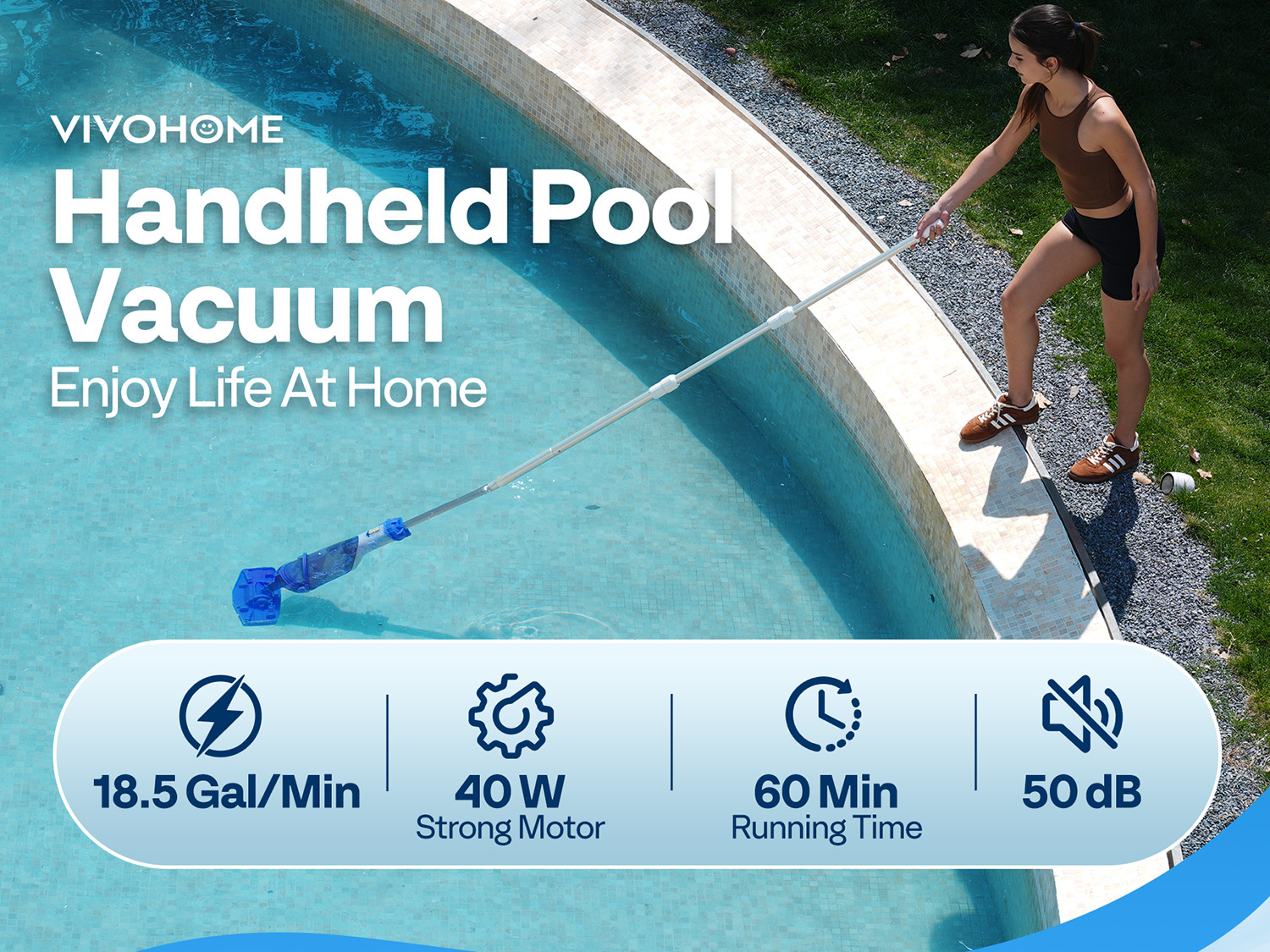 Cordless Pool Vacuum Cleaner 1110GPH Handheld Rechargeable for Pools Spas 60min