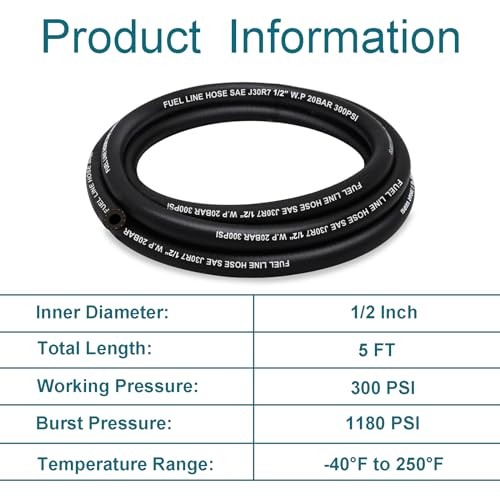 Fuel Line Hose 1/2 Inch ID, 300 psi 5FT Fuel Hose, with 4 Clamps | 300 psi,