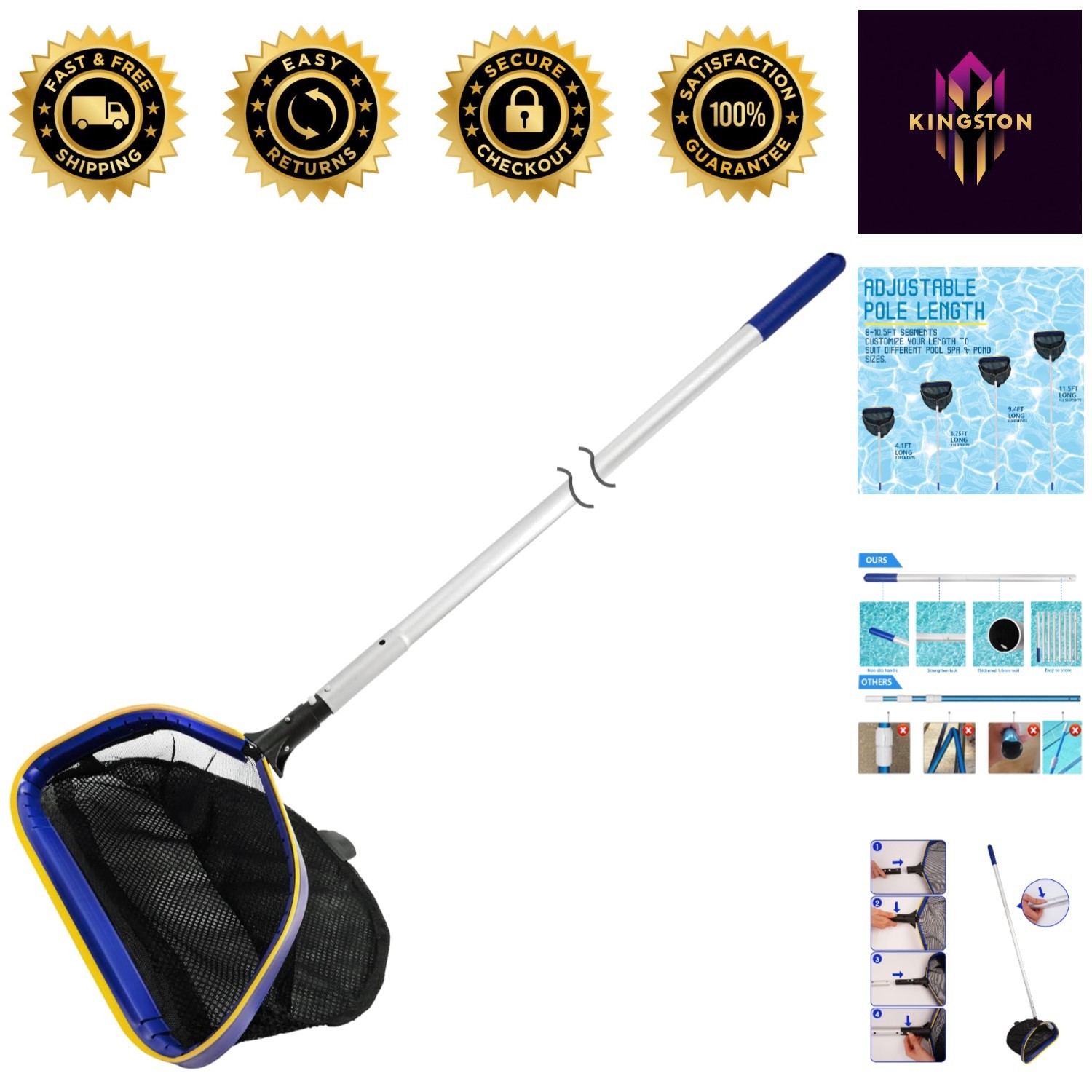 Innovative Pool Skimmer Net – 3ft-10ft Adjustable Pole and Ergonomic Grip