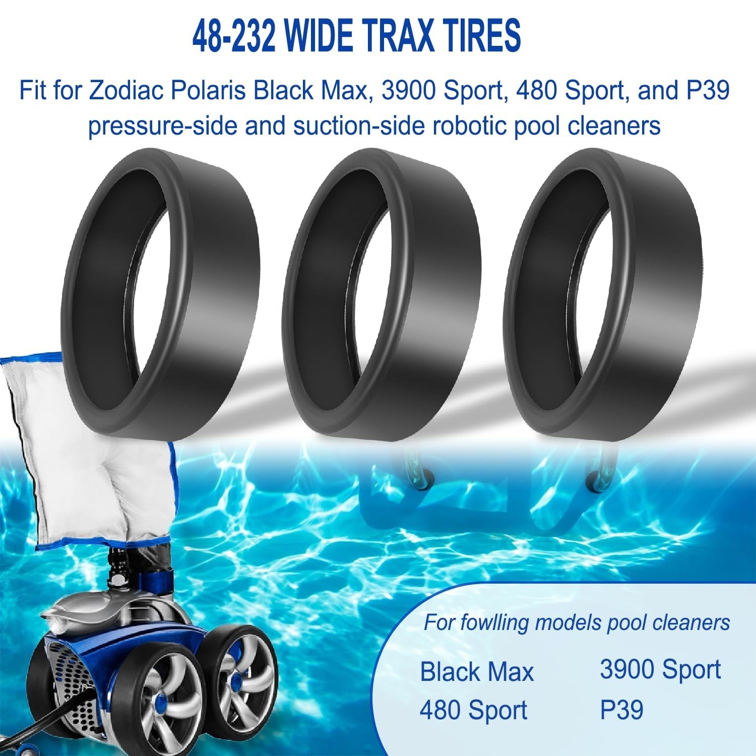 3 PCS 48-232 Replacement Wide Trax Pool Cleaner Tires Parts Kit Fit for Zodiac P