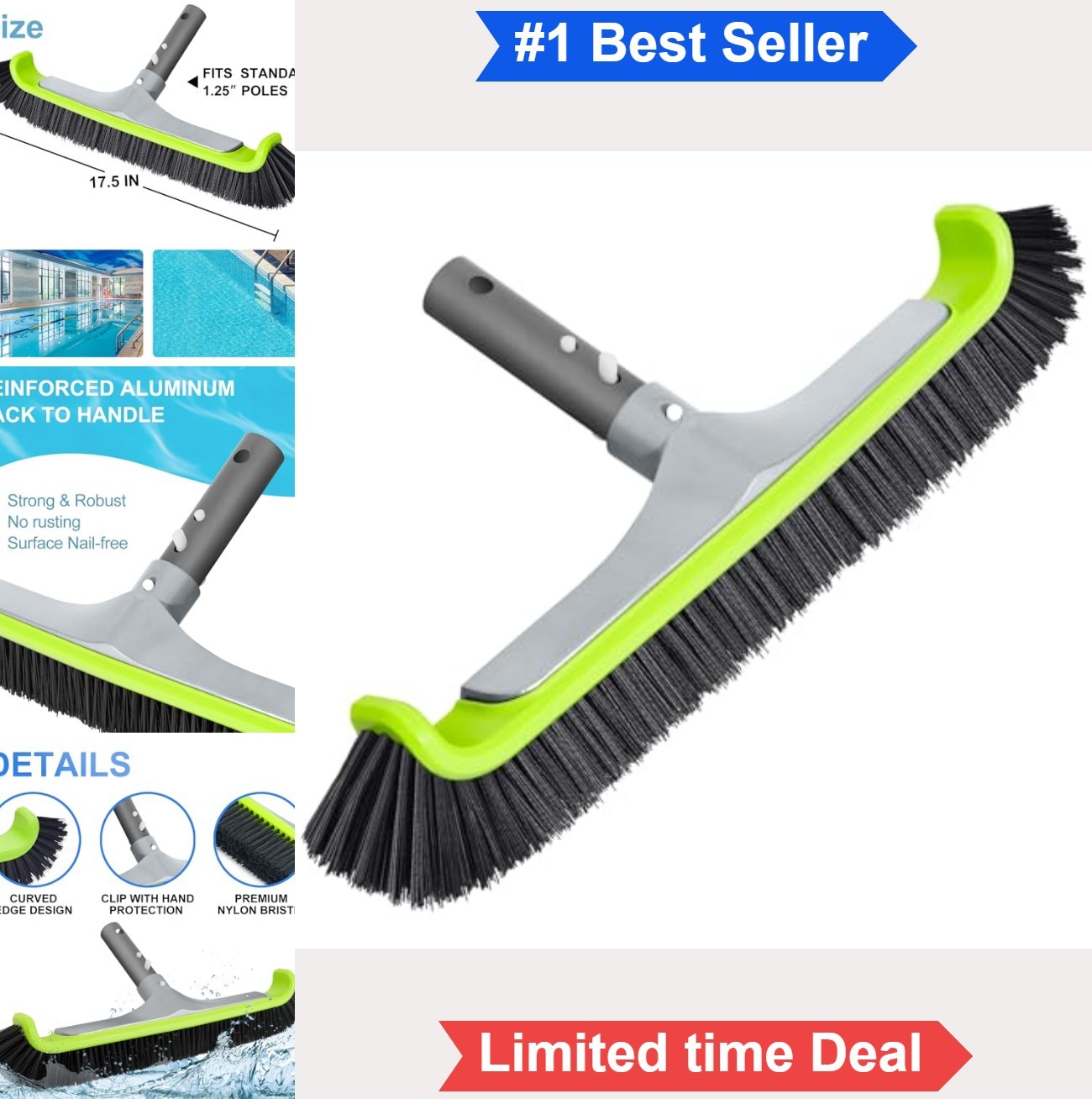 Pool Brush Head 17.5 Inch Heavy Duty Aluminum Curved Edge for Pool Walls Vinyl