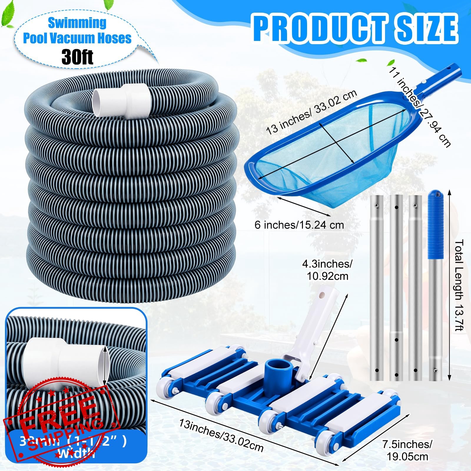 Innconee 4 Pcs Pool Vacuum Kit 13&Prime; Vacuum Head