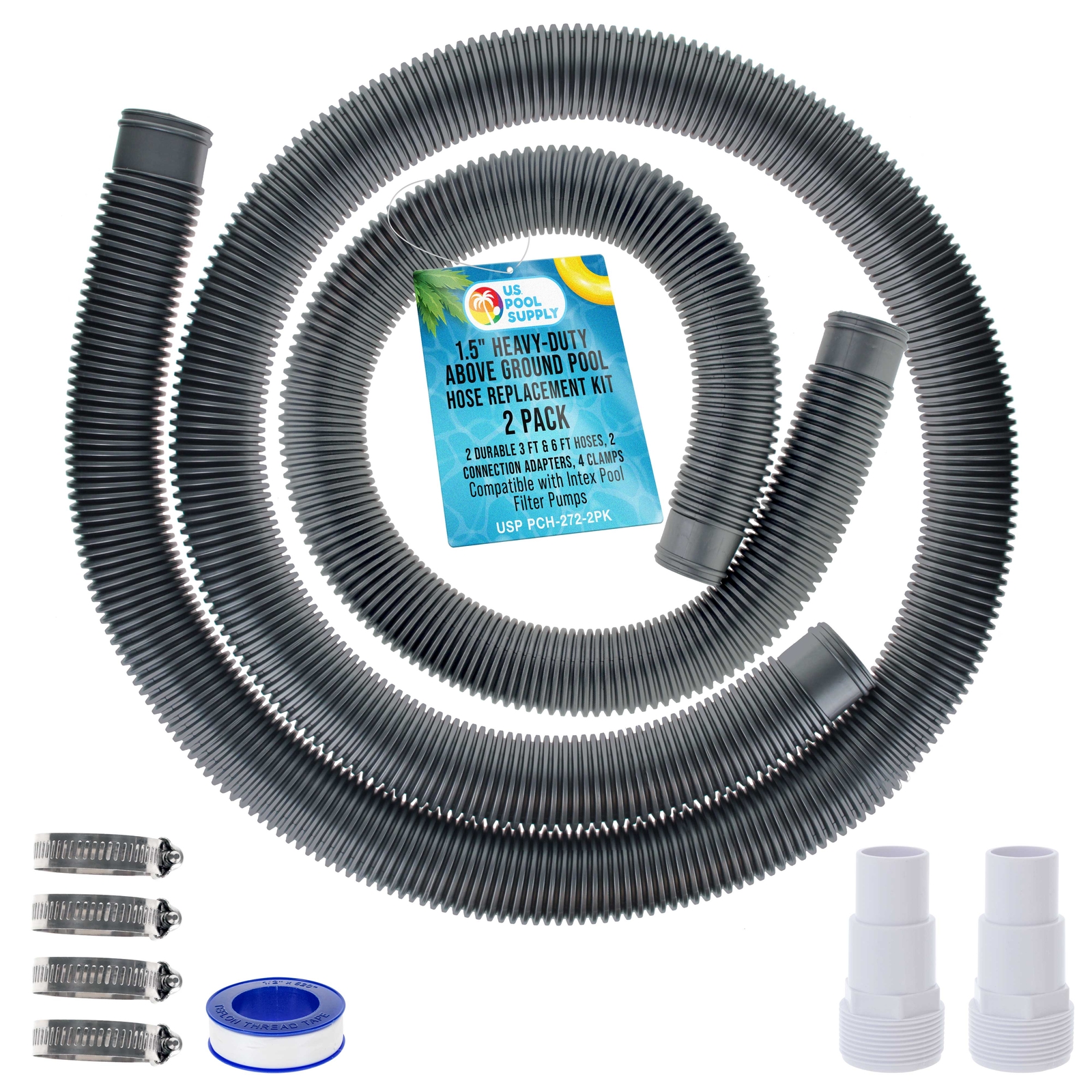 1.5&Prime; Hose Replacement Kit 3&prime; & 6&prime; Silver Hoses, 2 Connection Adapters, 4 Clamps