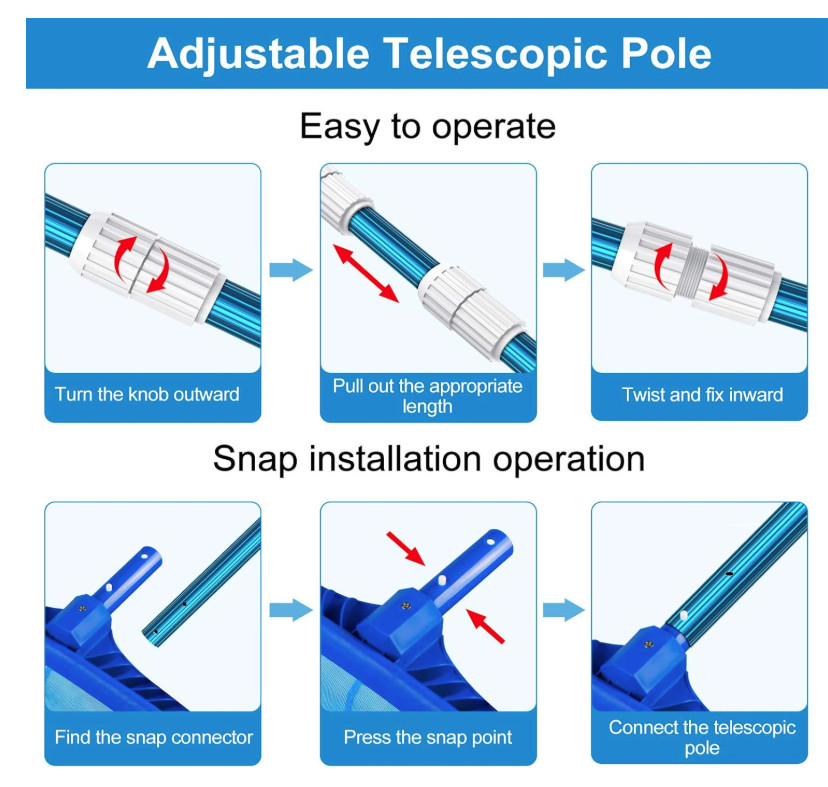 15ft 1.3mm Blue Telescopic Pool Pole, 3-Piece, Fits Skimmers, Brushes, Vacs