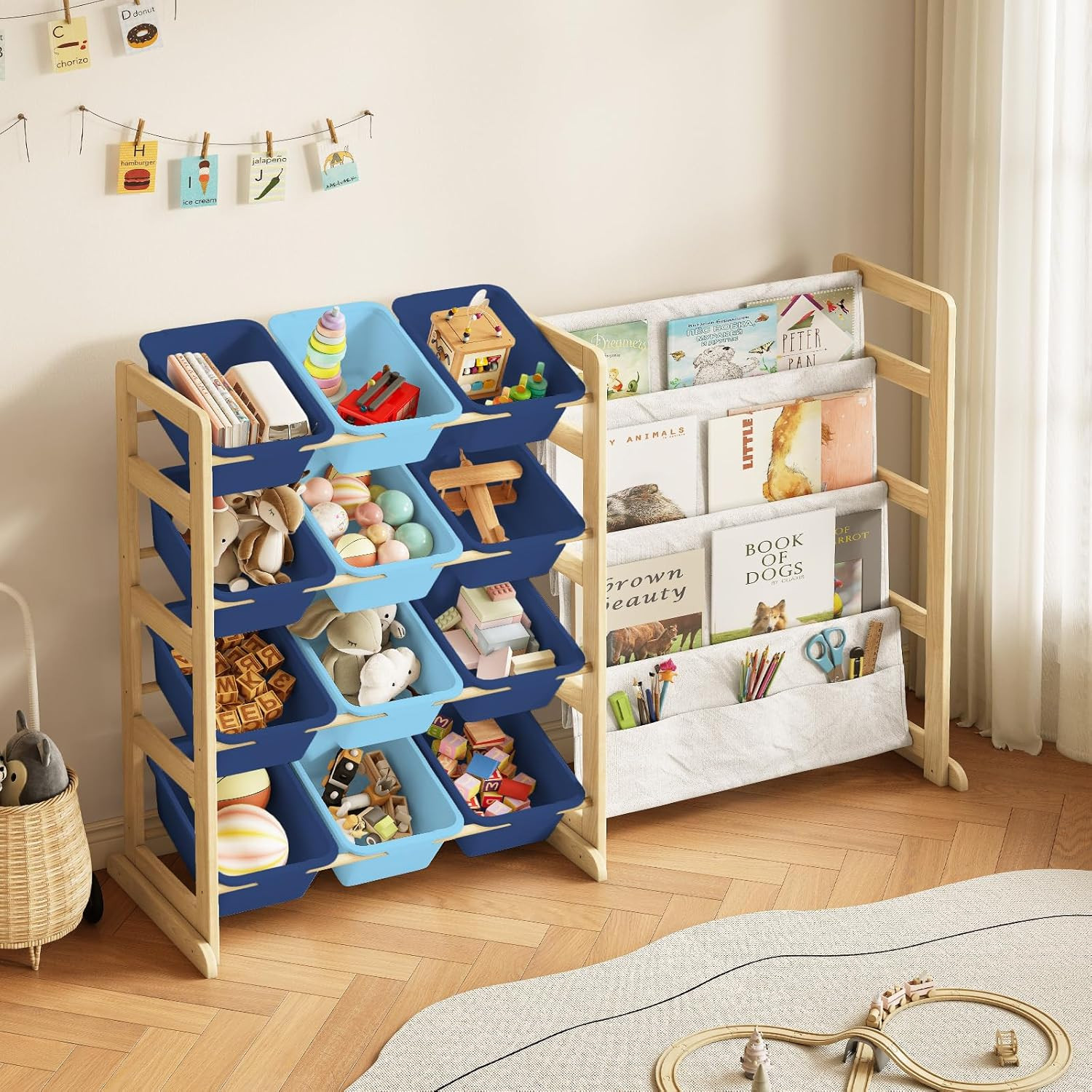 Toy Storage Organizer with Bookshelf – 12 Storage Bins 4-Tier Multipurpose Shelf