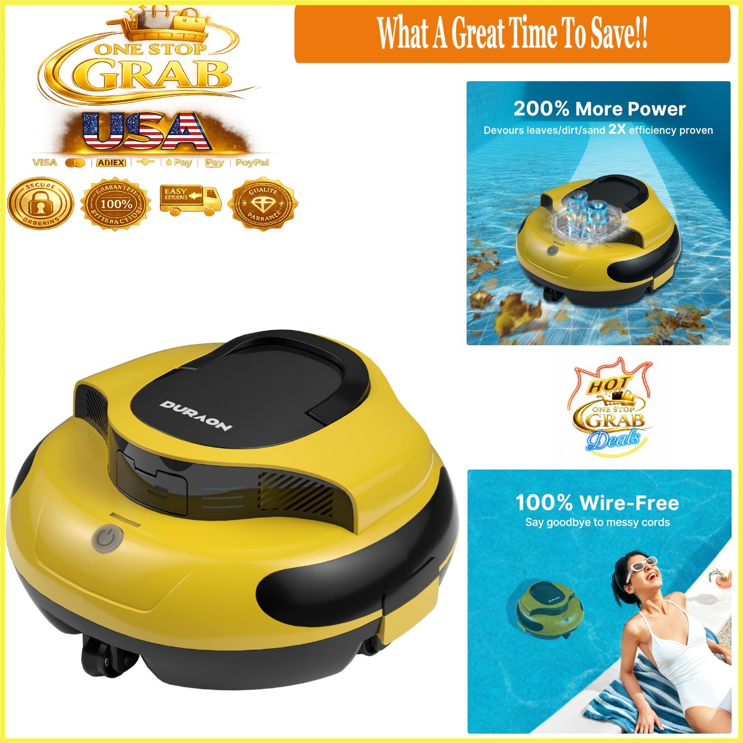 Yellow Cordless Robotic Pool Cleaner Dual Motor Powerful Suction 150 Min Runtime