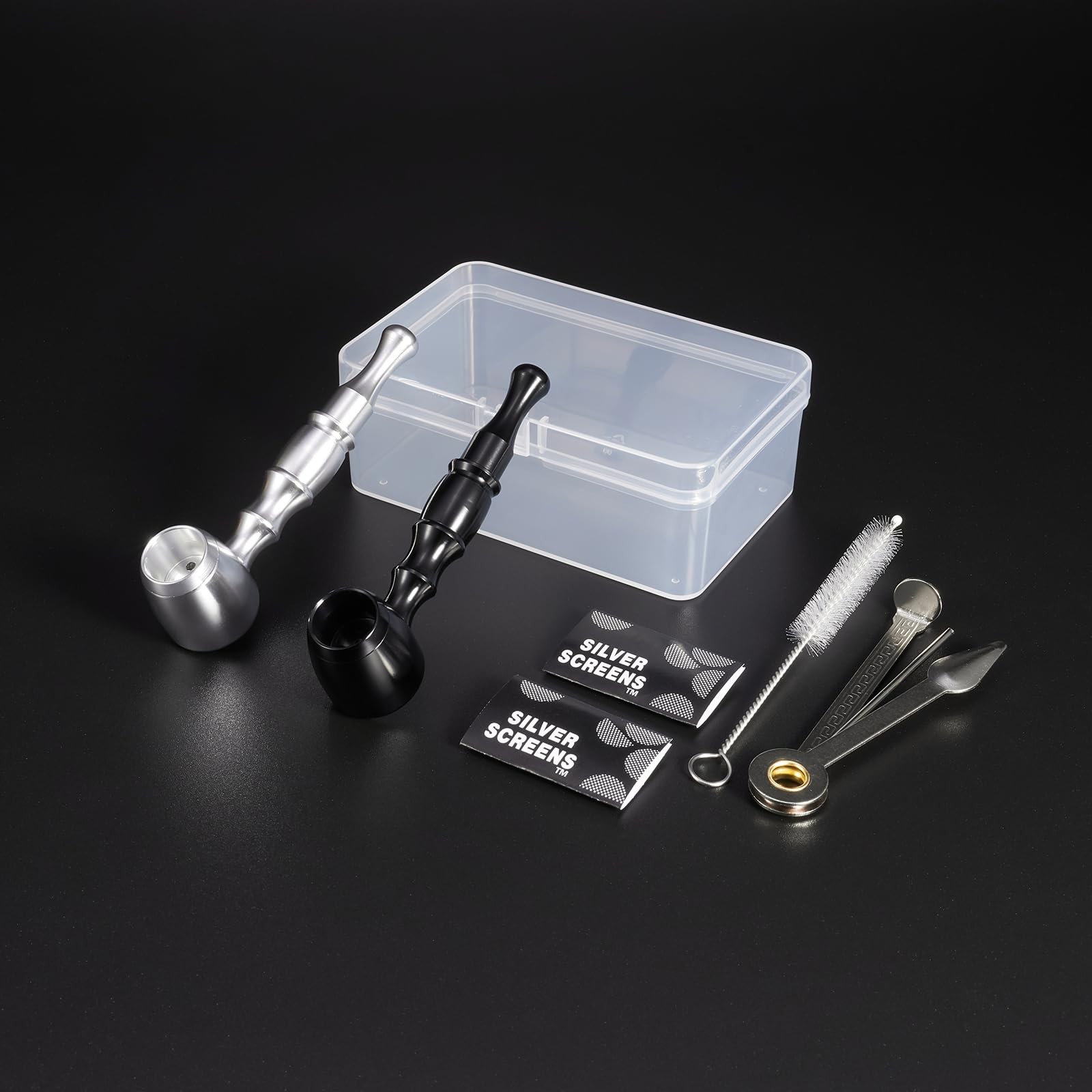 2-Pack Aluminum Alloy Tobacco Pipe Set, 10cm Portable Smoking Black&Silver