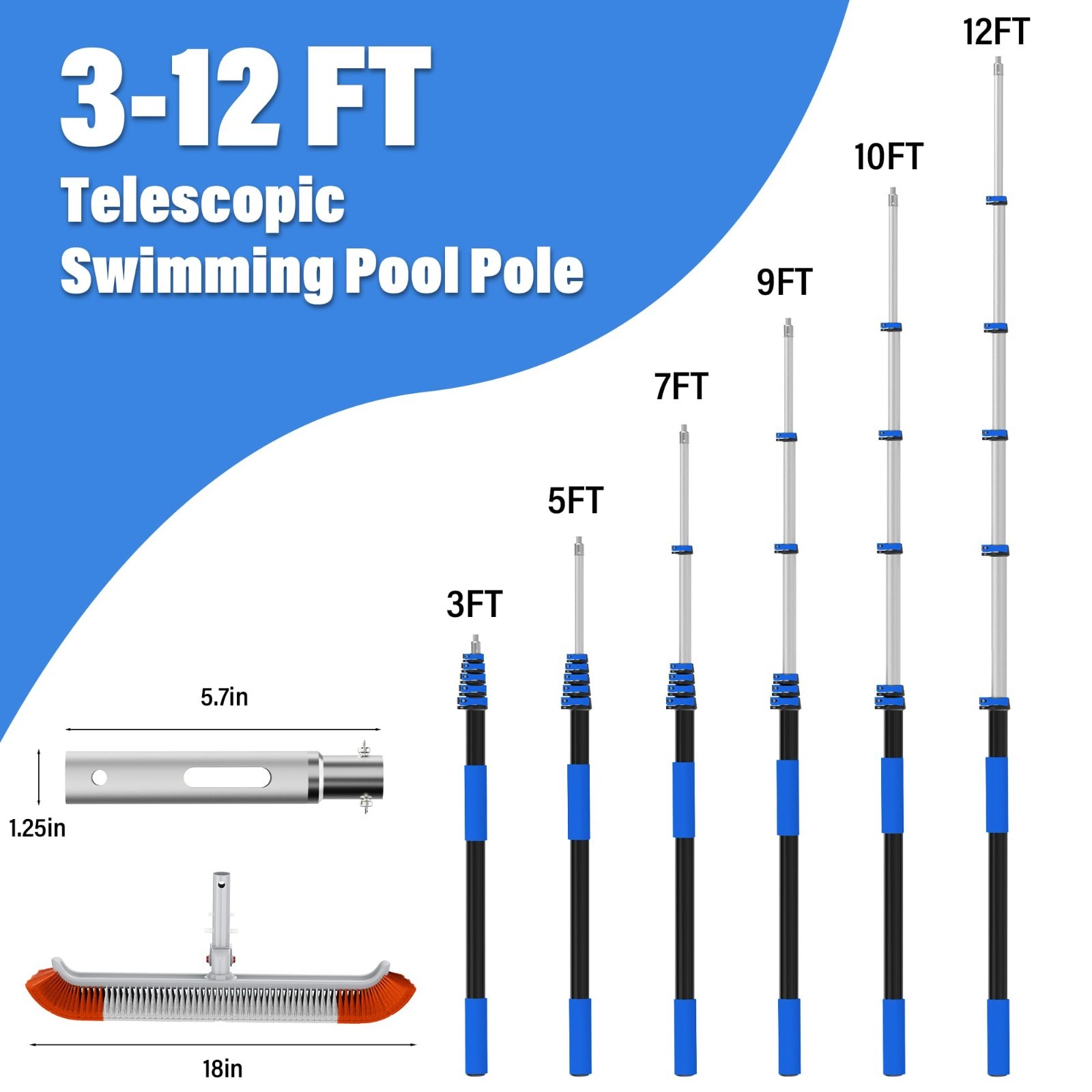 Telescopic Pool Brush 3-12FT, 18&Prime; Cleaning Tool for Walls & Floors, Dual Lock