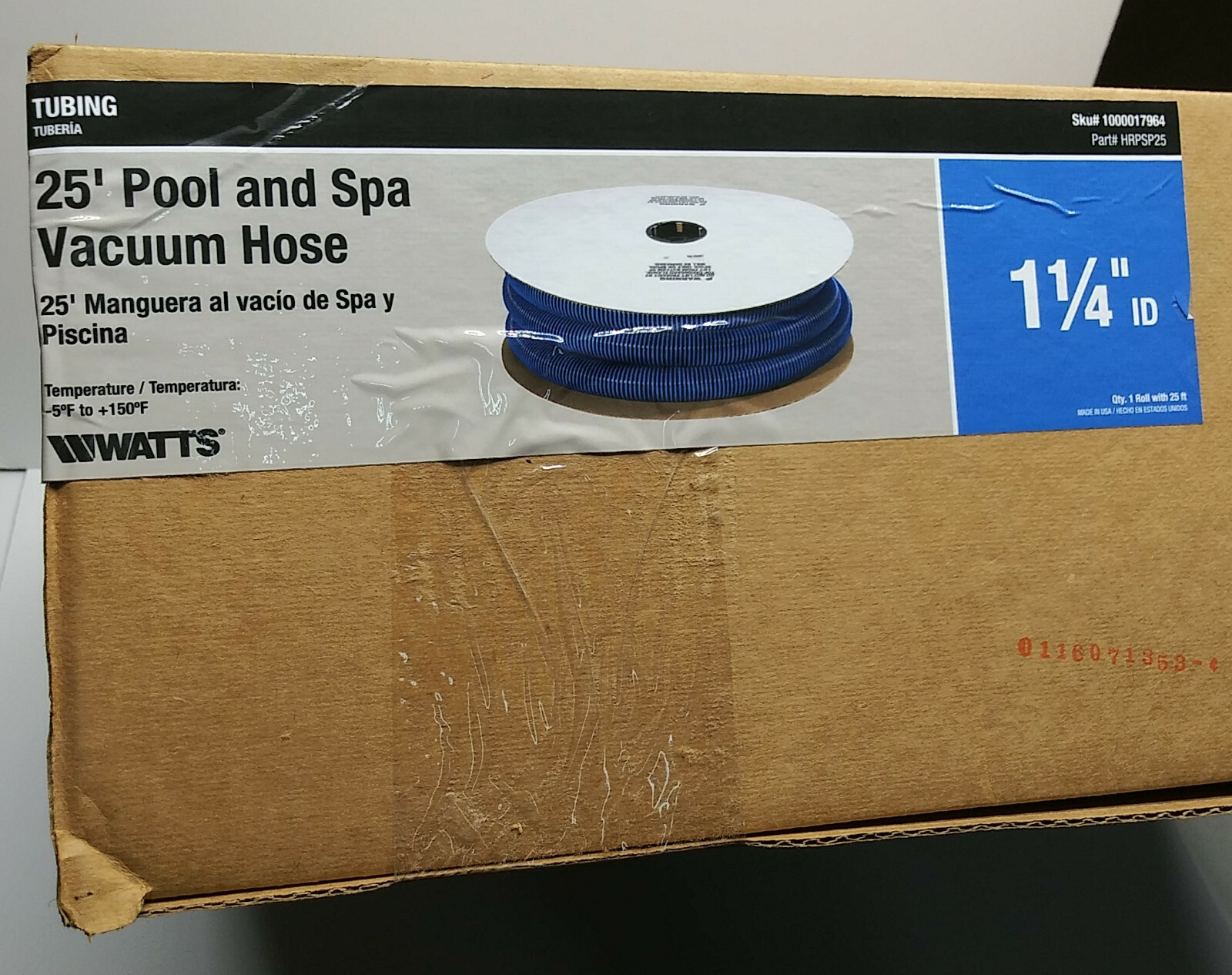 Pool and Spa Vacuum Hose 1 1/4 in I.D. x 25 ft Watts HRPSP25 Polyethylene Tubing