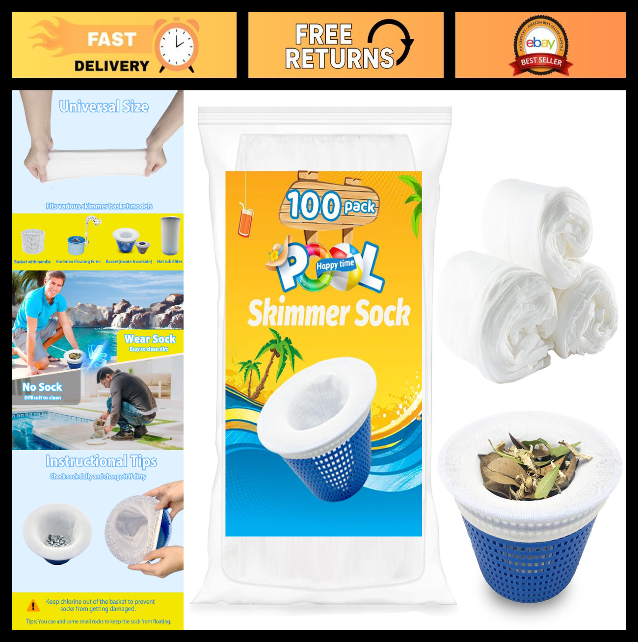 100-Pack Pool Skimmer Socks – Filter Socks for Cleaning Debris & Leaves, In-Grou