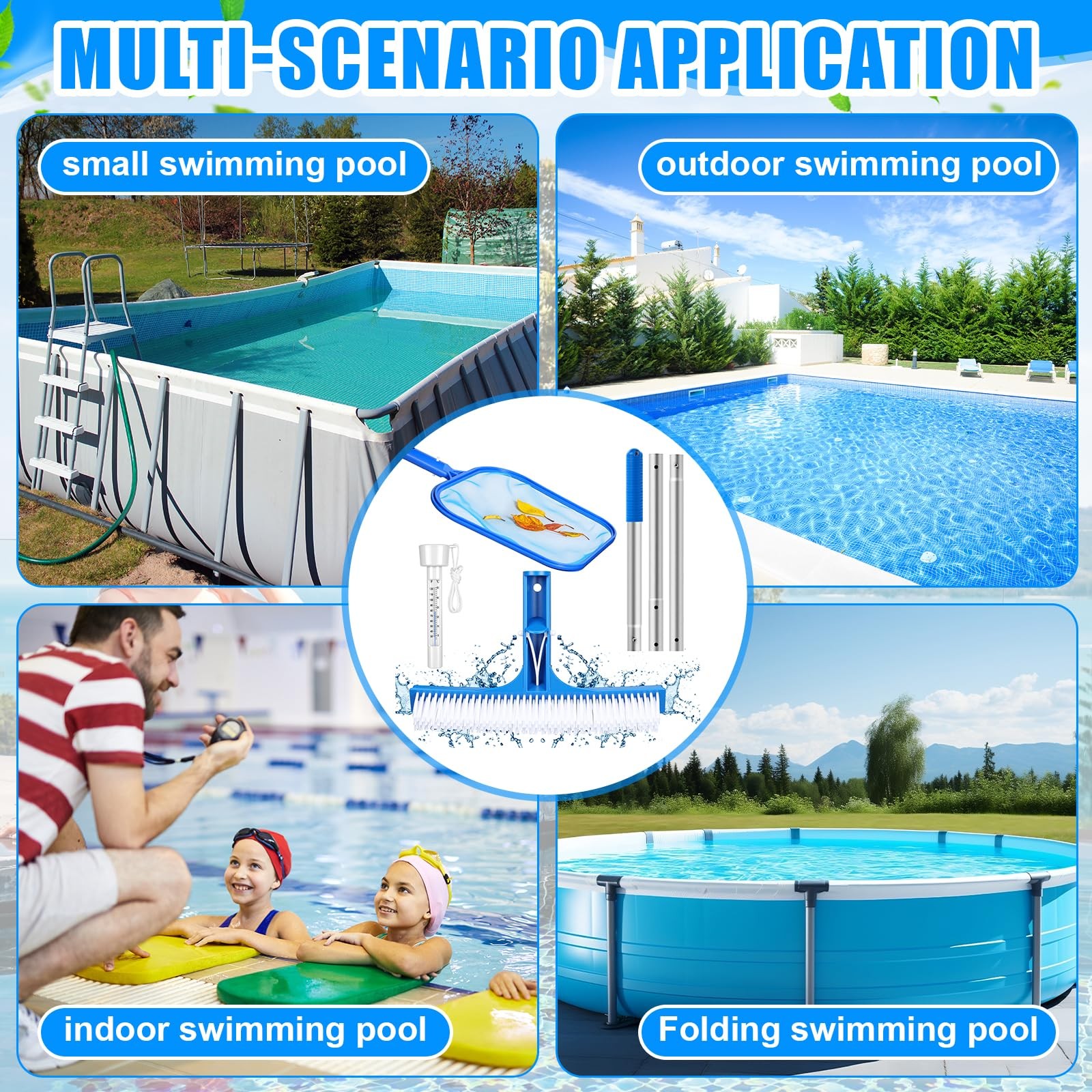 4 Pcs Swimming Pool Cleaning Kit Includes 10 » Pool Brush Head Telescopic Alu…