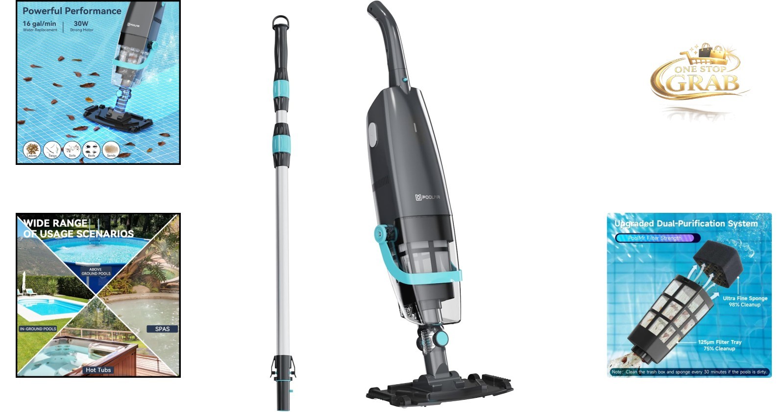 Black Cordless Handheld Pool Vacuum Rechargeable 16 GPM Strong Suction