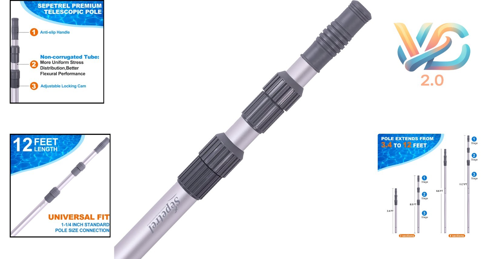 Pool Pole 12 ft Telescoping Aluminum Pool Cleaning Pole for Skimmer Brush Vacuum