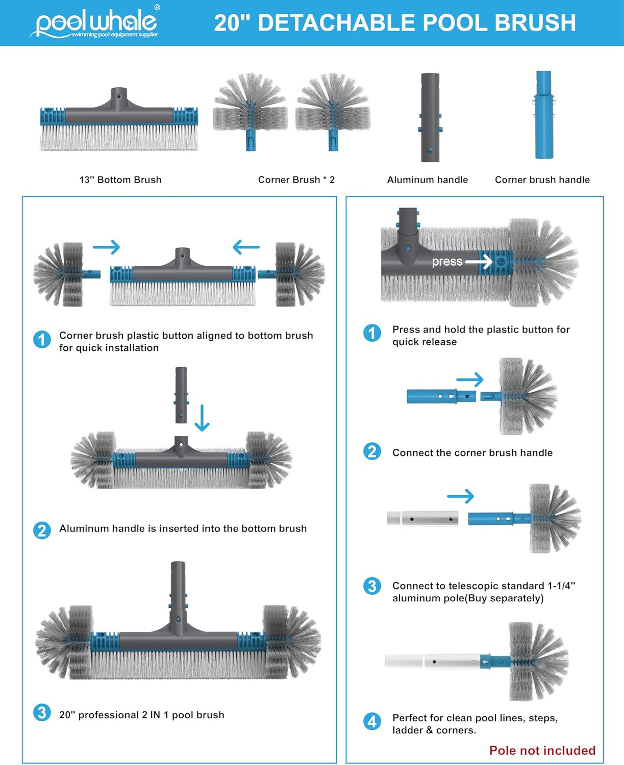 20 » Pool Brush Head, Detachable Pool Cleaning Brush with Durable around Nylon B