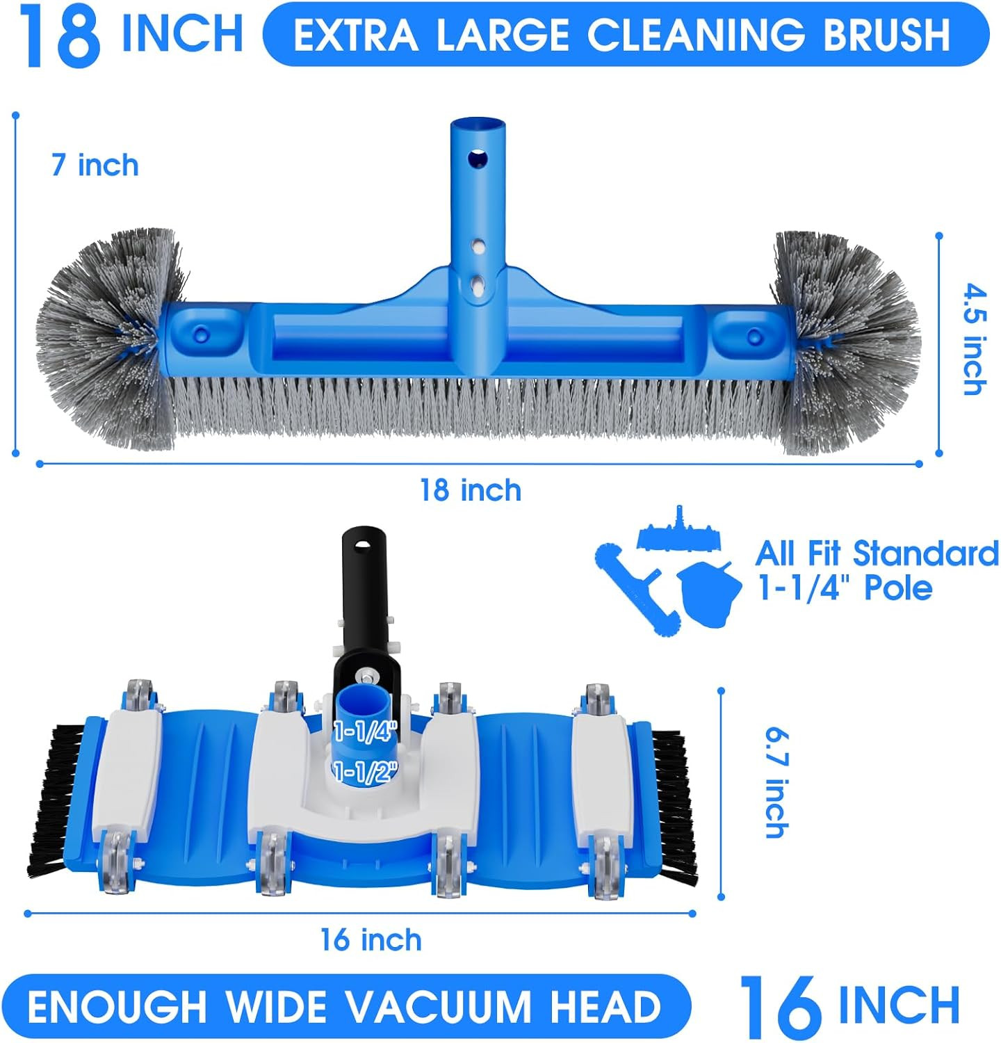 3-In-1 Pool Cleaning Kit Full Set – 18In Rounded End Pool Brush & Ergonomic Pool