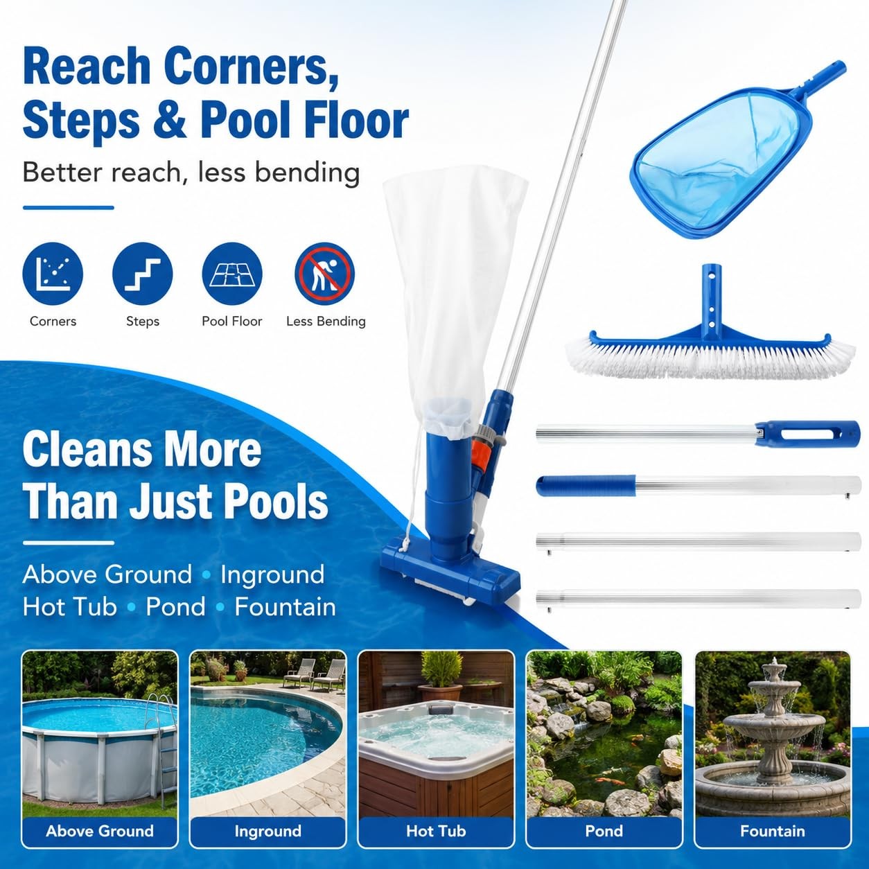 KKZACONL Pool Cleaning Kit Pole Spa Vacuum Net Brush