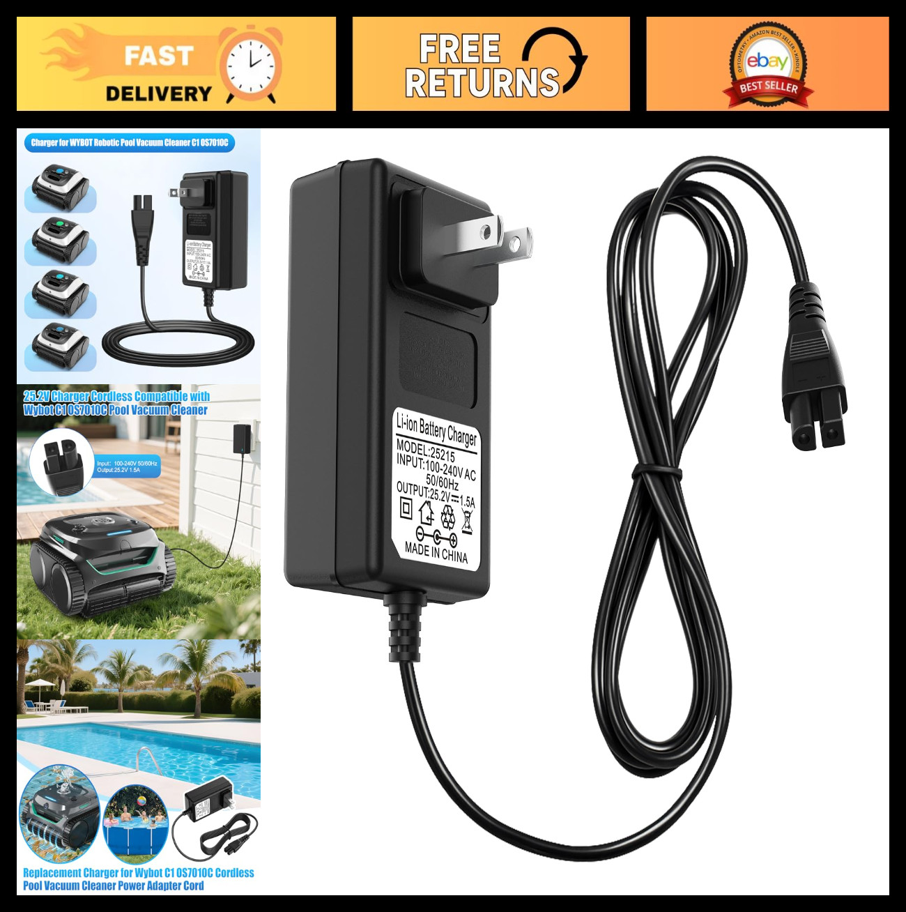 25.2V Charger Adapter for Robotic Pool Cleaner, Compatible with Cordless Vacuum