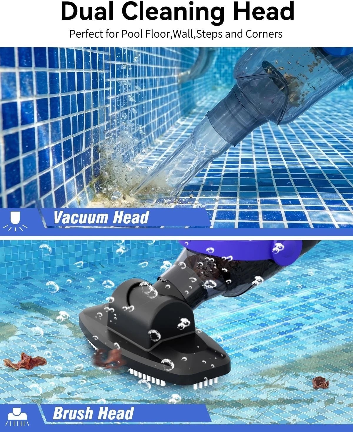 Upgraded Handheld Pool Vacuum with 3-Head System & 60 Min Rechargeable Runtime