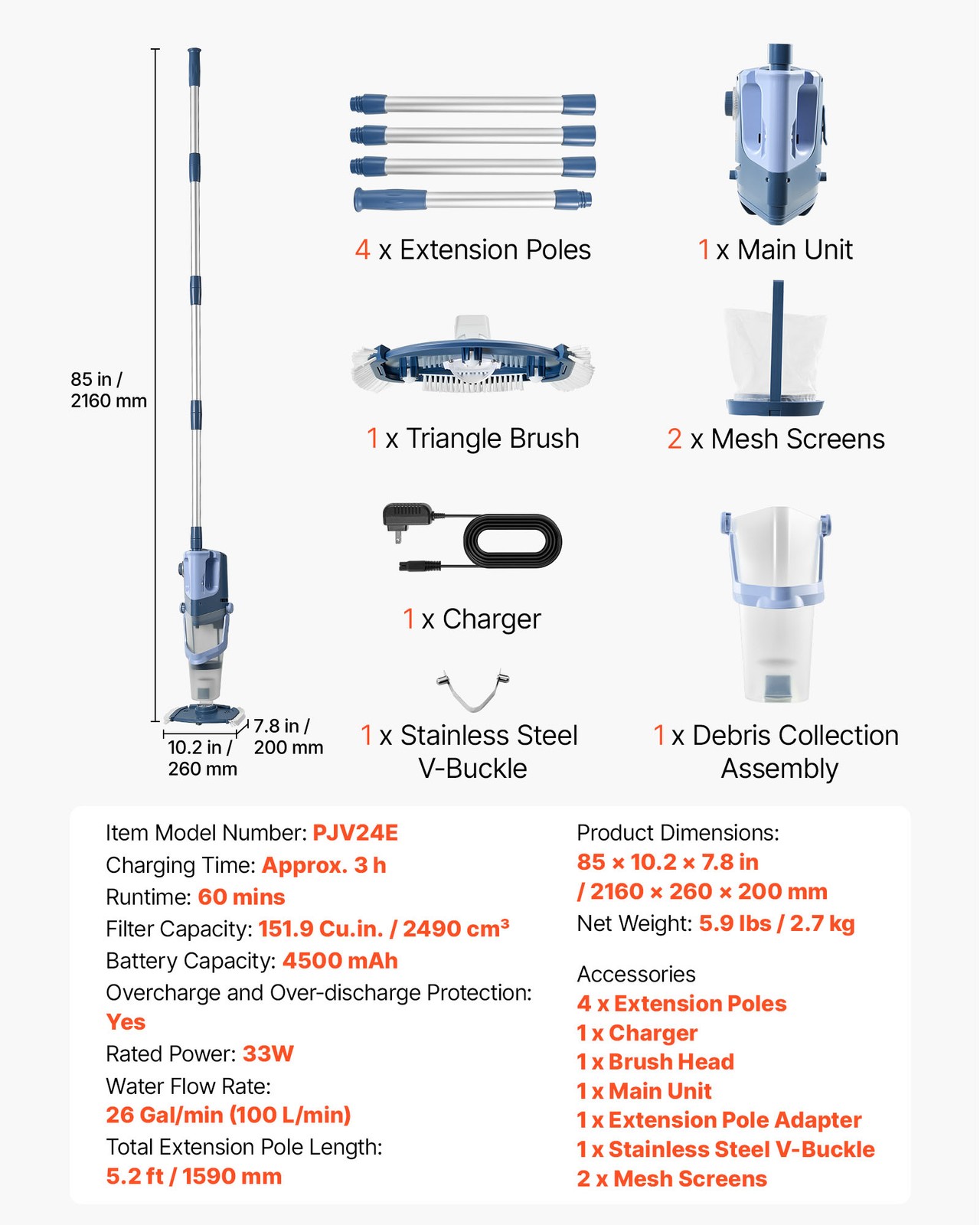 VEVOR Handheld Pool Vacuum Cordless Spa Hot Tub Vacuum 26 GPM Extension Pole