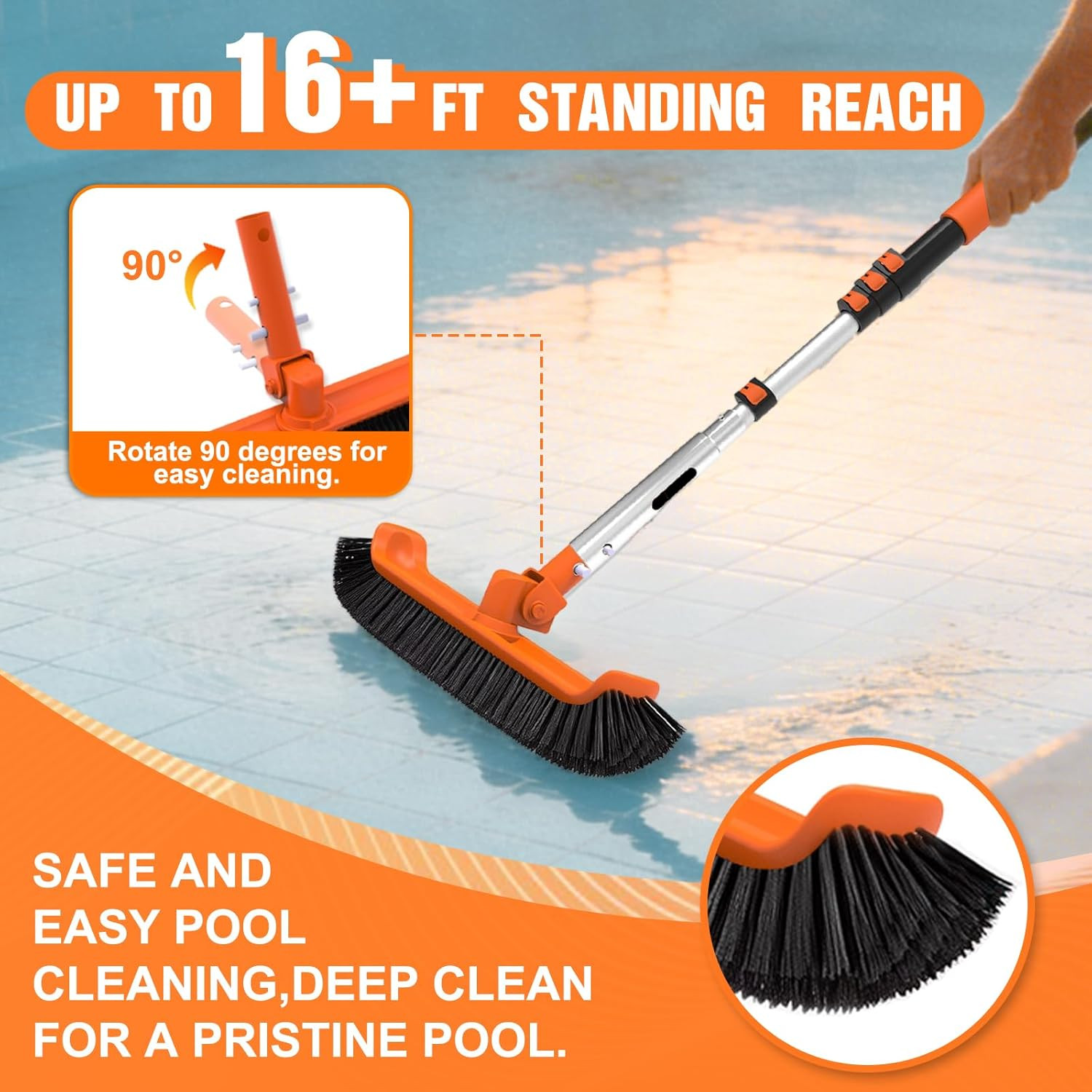 Pool Brush with Pole, 16FT Heavy Duty Telescopic Pool Pole with 18&Prime; Pool Brush,