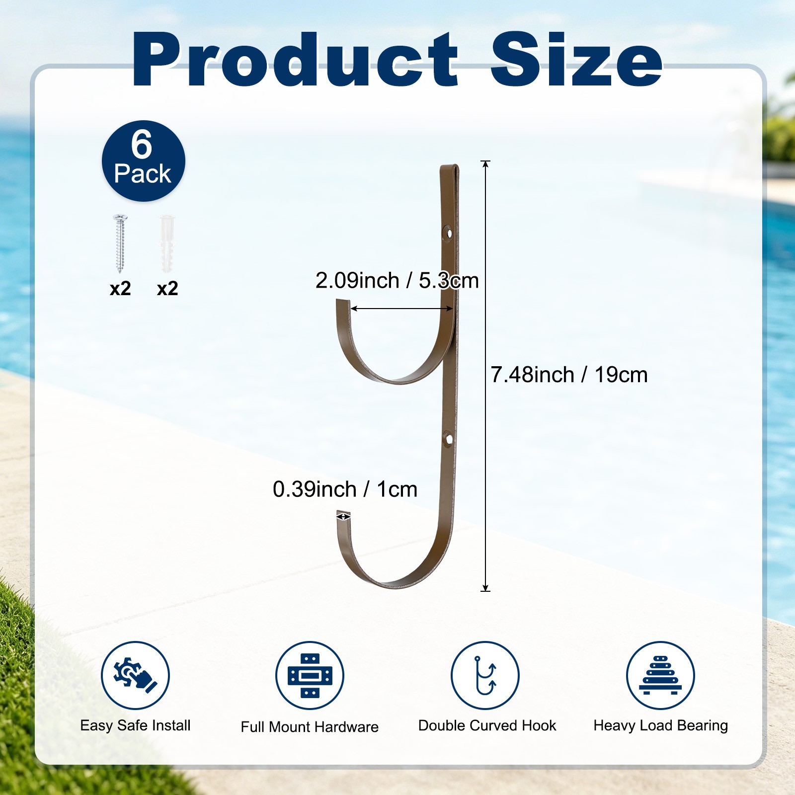 6-Pack Pool Pole Hanger, Iron Pool Hooks with Screws for Garden Tools [Brown]