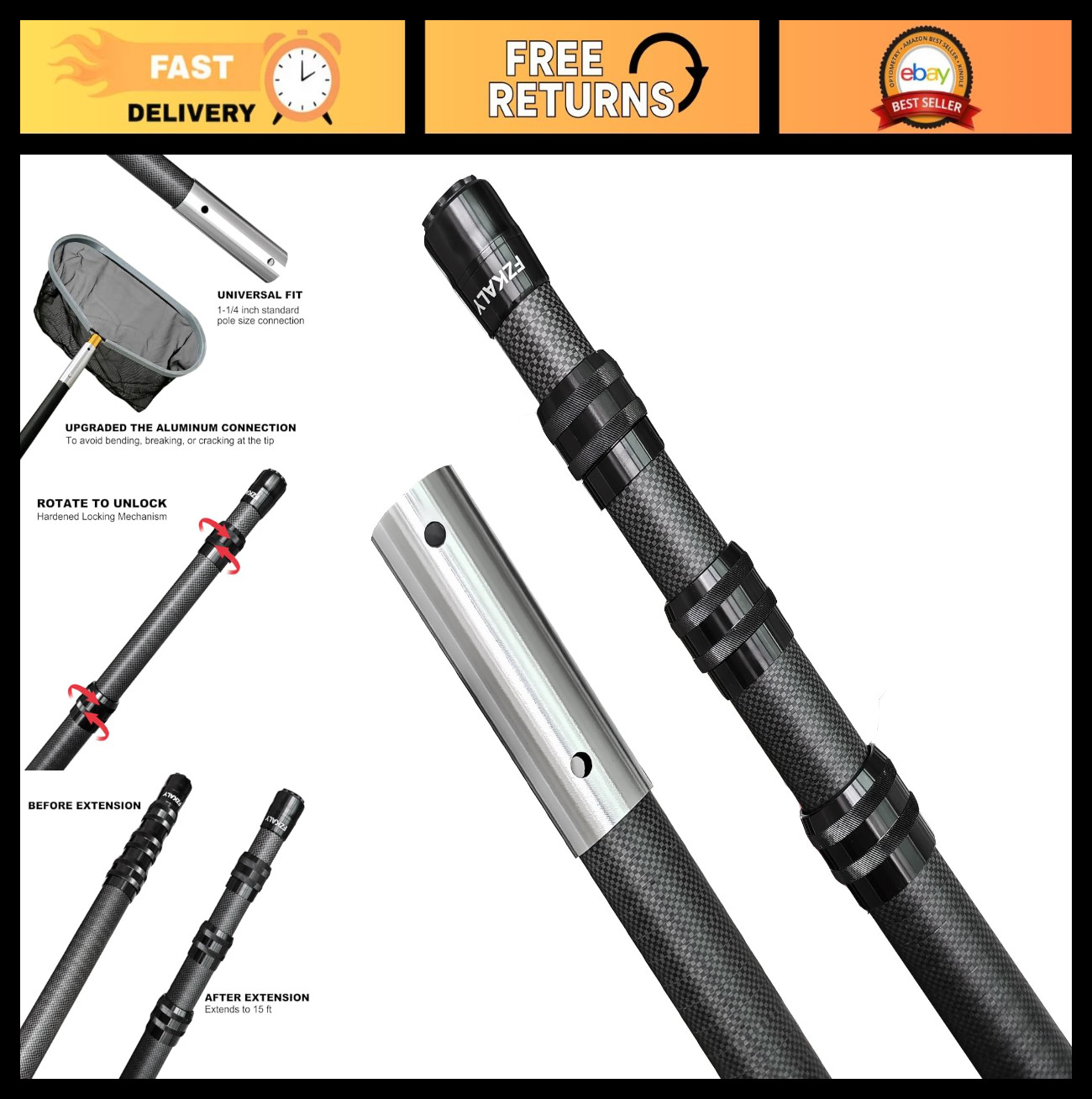 15 FT Carbon Fiber Telescoping Pool Cleaning Pole – Ultra-Lightweight Skimmer To
