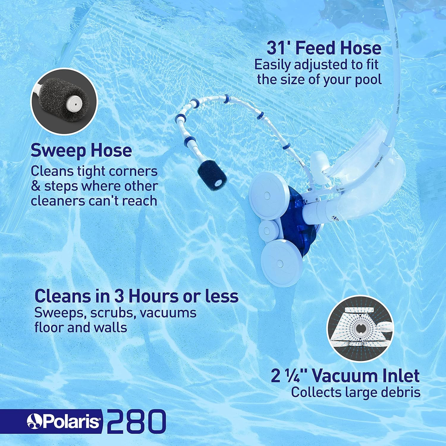 Vac-Sweep 280 Pool Cleaner – Powerful Double Jet with 31ft Hose & Debris Bag
