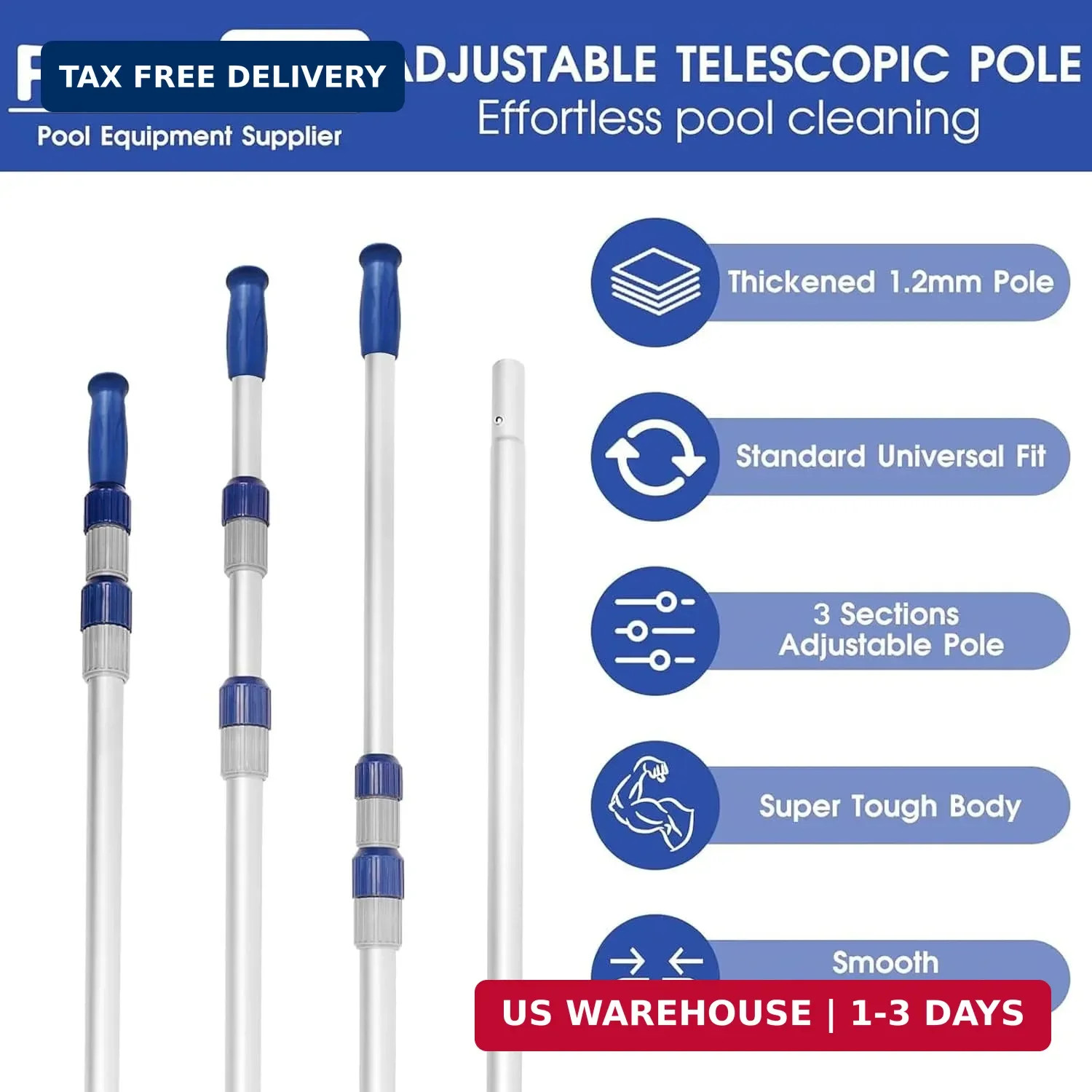 Poolvio 15 FT Telescopic Pool Pole – Adjustable 3 Piece Aluminum Pool Skimmer Po