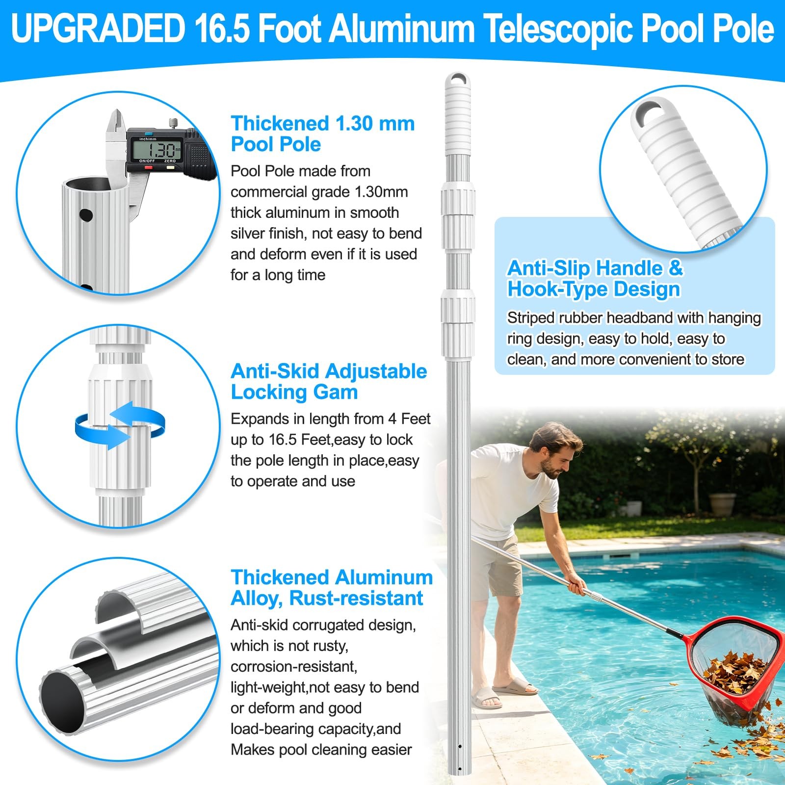 Telescopic Pool Cleaning Pole 16.5 ft – Heavy Duty Aluminum for Skimmer & Rake