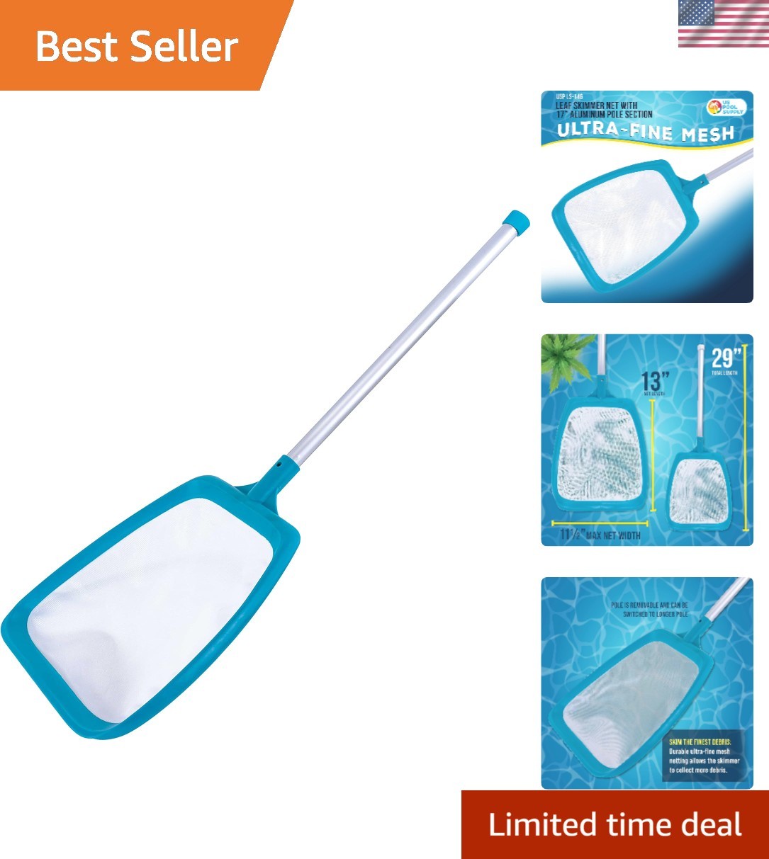 Lightweight Handheld Leaf Skimmer Net with 17&Prime; Aluminum Pole for Pools & Ponds