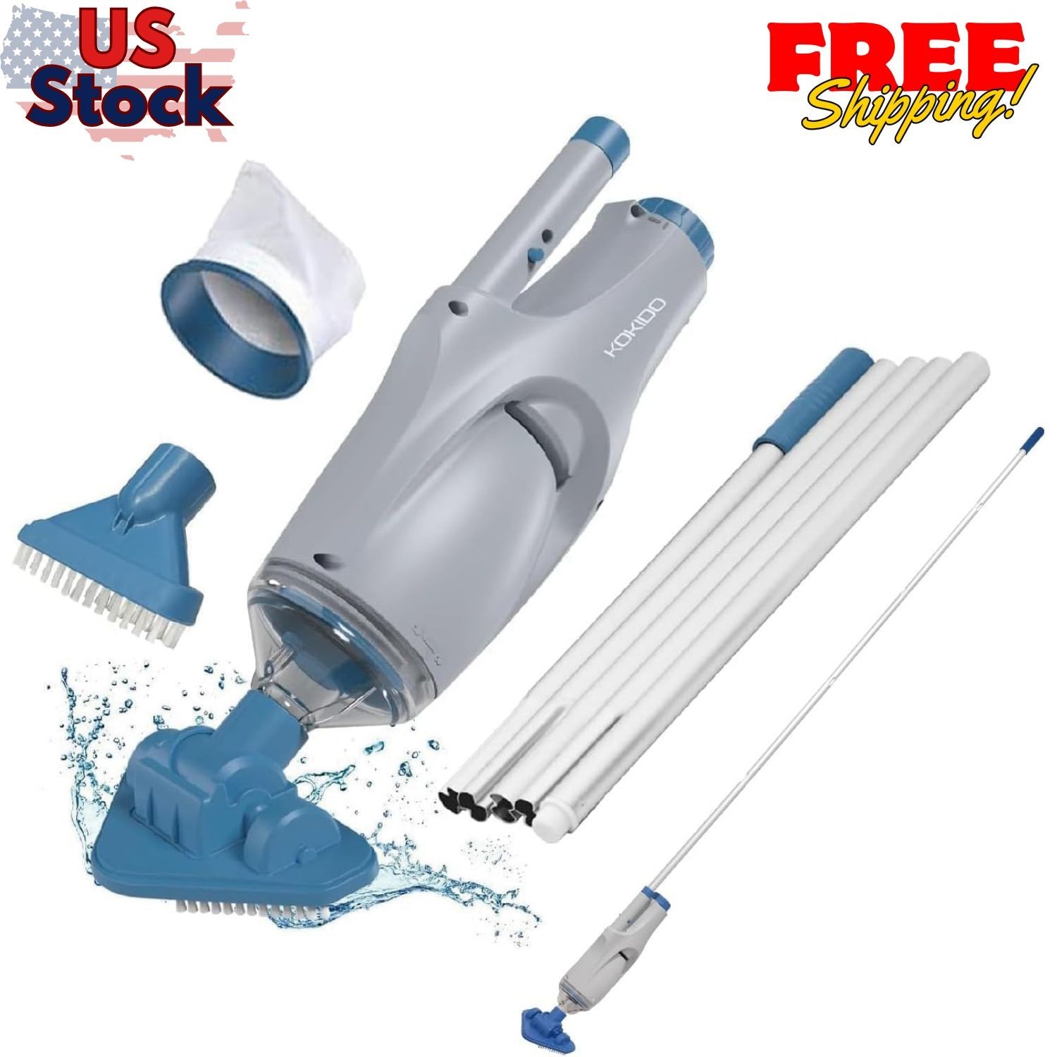 Rechargeable Handheld Pool Vacuum, Aluminum Pole and 2 Brush Heads