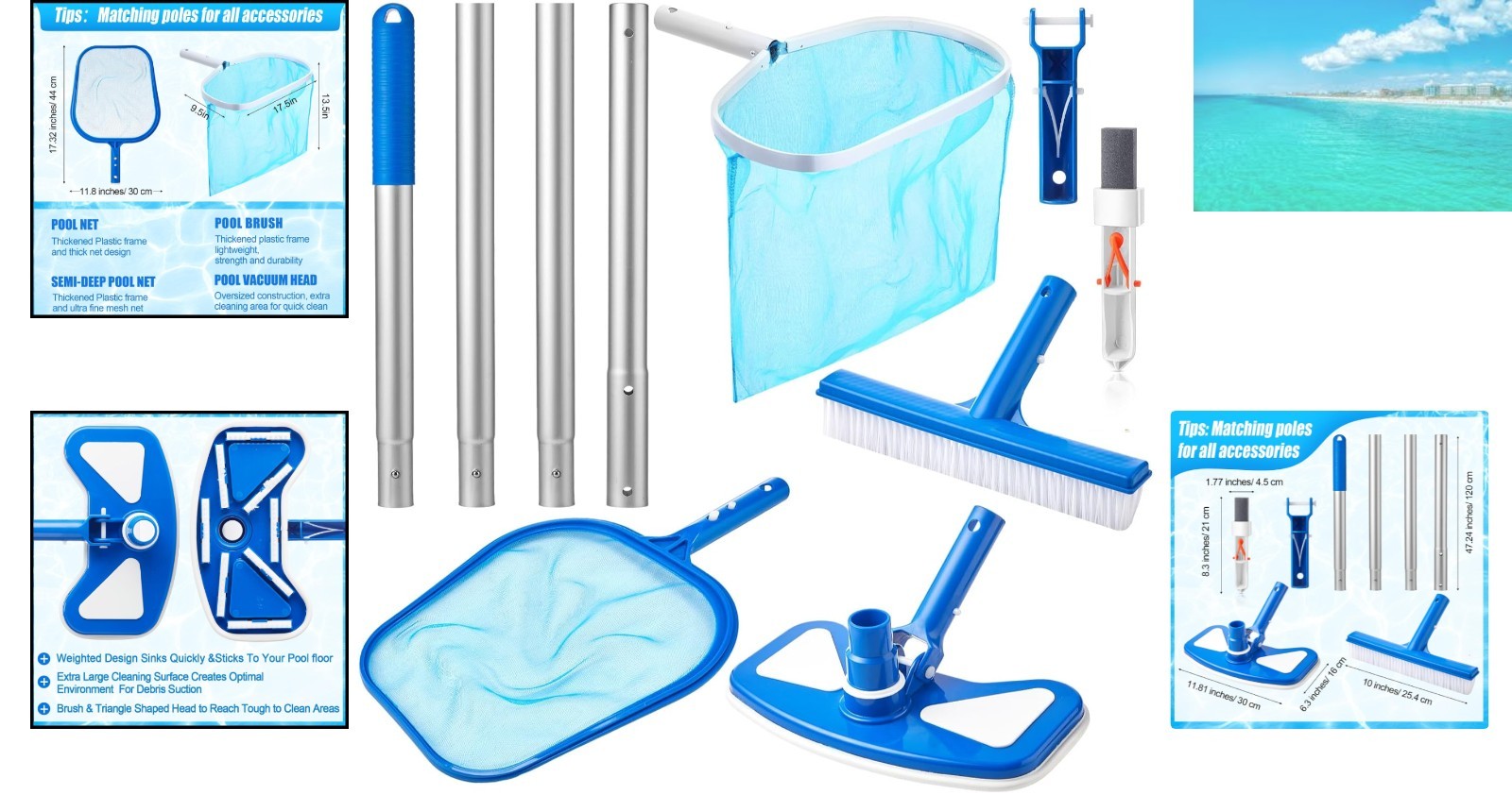 Ultimate 5-Piece Pool Cleaning Set: Leaf Skimmer, Vacuum Head & Pumice Stone