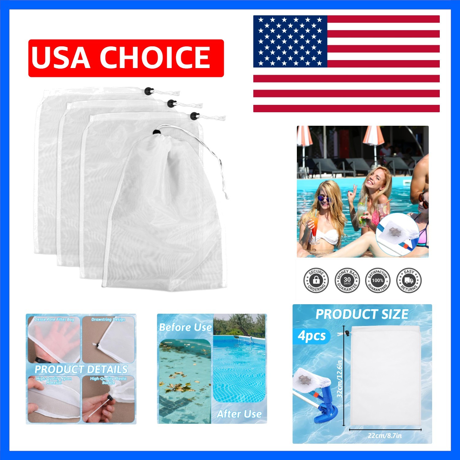 4PCS Pool Vacuum Replacement Mesh Bag, Pool Vacuum Filter Bag, 12.6×9 Inch Po…