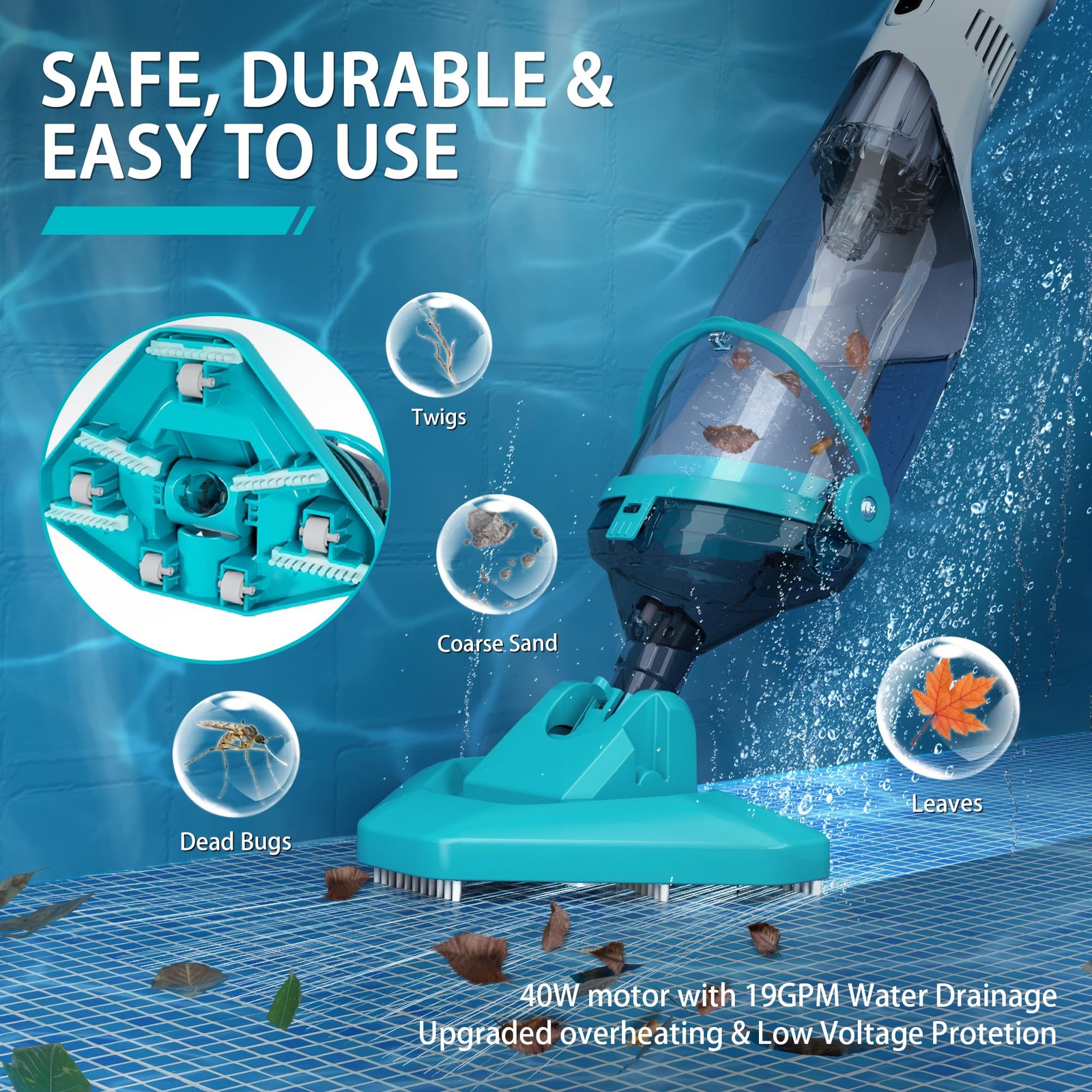 Cordless Above Ground Pool Vacuum, 19 GPM Handheld Spa Hot Tub Vacuum Cleaner…