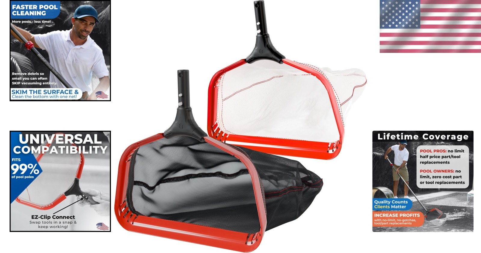 ProTuff Pool Cleaner Rake 2-Item: 19&Prime; Med/17&Prime; Fine, Aluminum,
