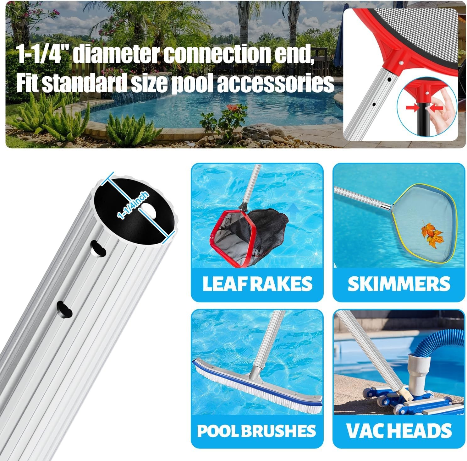 YEECHUN Professional 15 Foot Swimming Pool Pole Telescopic Aluminum Fits Pool Ne