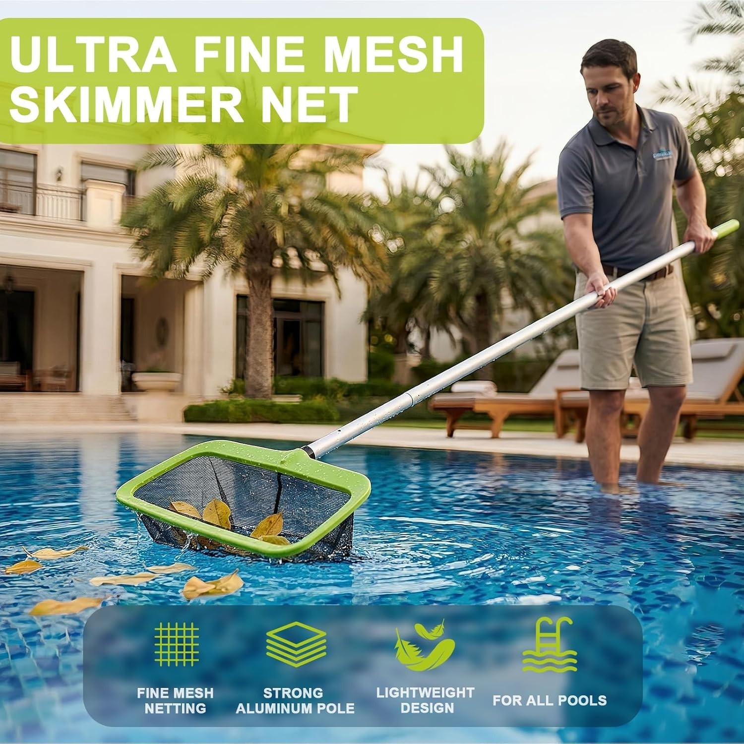 Deluxe Pool Cleaning Kit with 10.5Ft Aluminum Pole, Skimmer Net, Brush Head