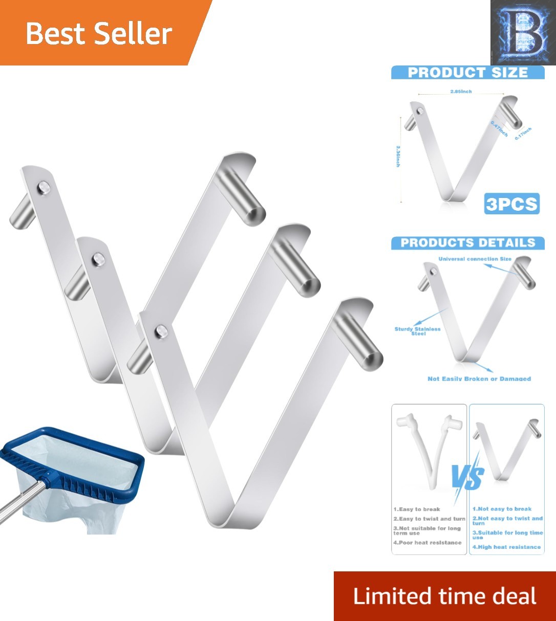 Durable 3-Piece V-Shaped Pool Pole Clips – Rust-Resistant for Long-Lasting Use
