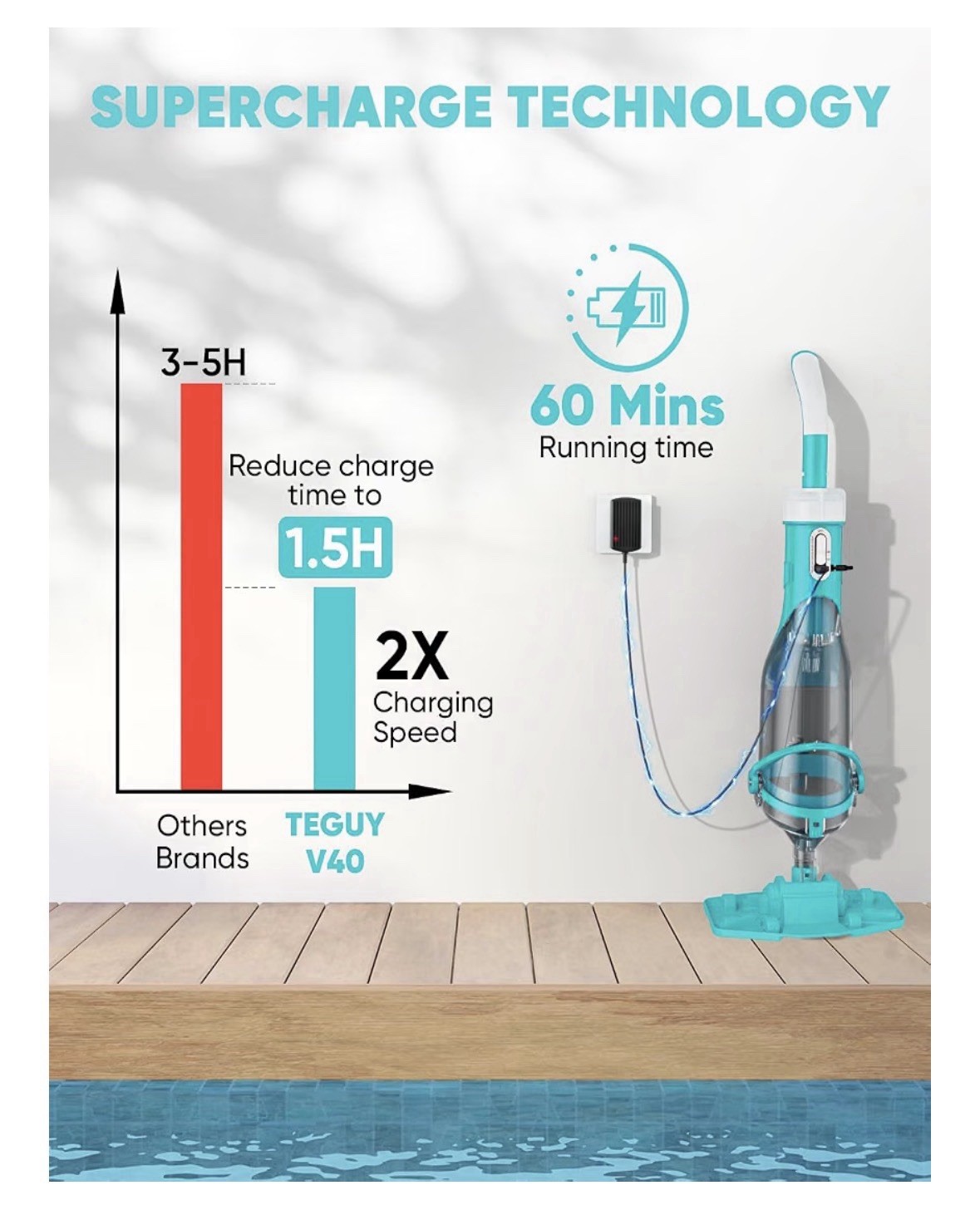 Cordless Rechargeable Pool Vacuum Handheld Cleaner w/ Telescopic Pole Hot Tub