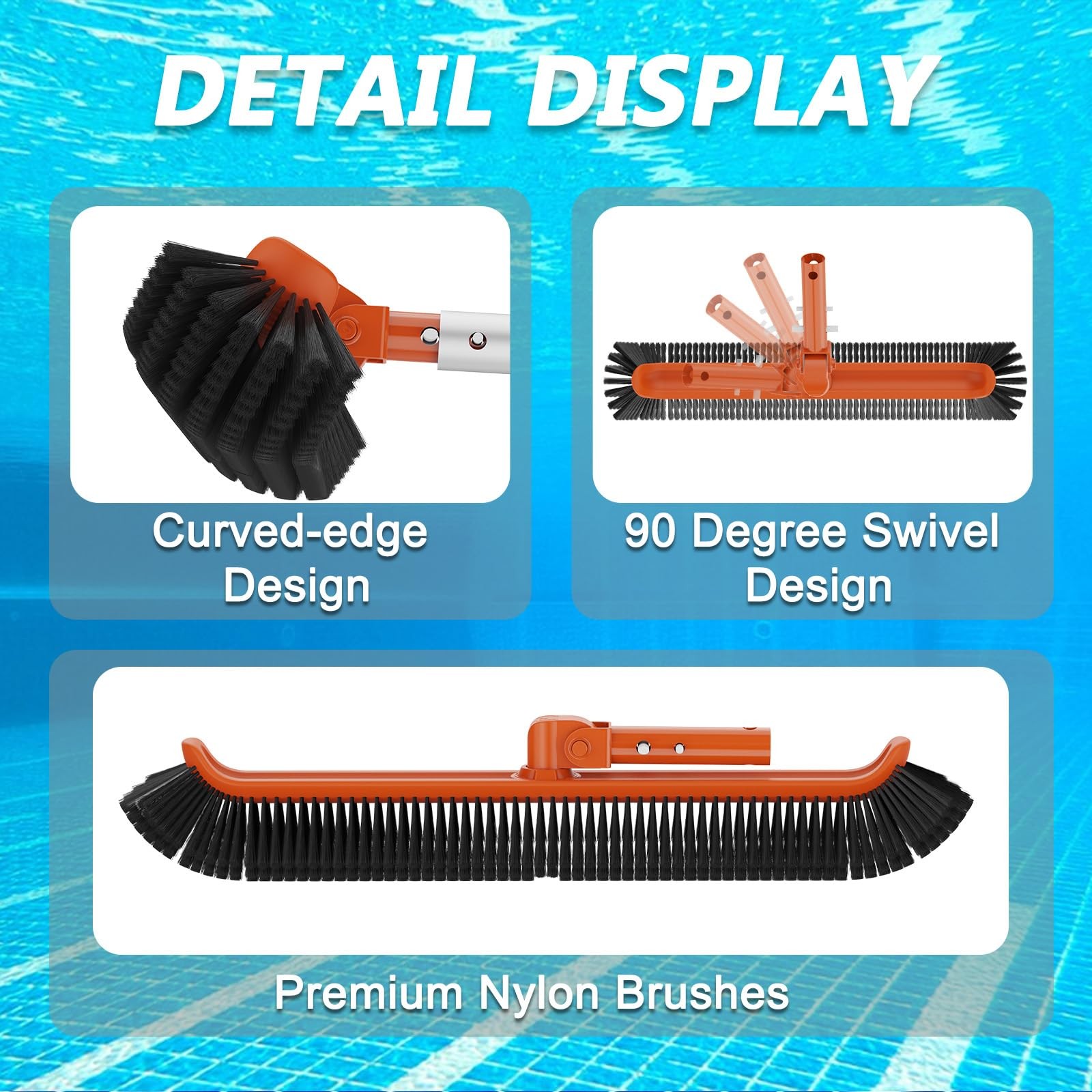 16FT Telescopic Swimming Pool Pole with 19&Prime; Brush Head for Skimmer & Vacuum