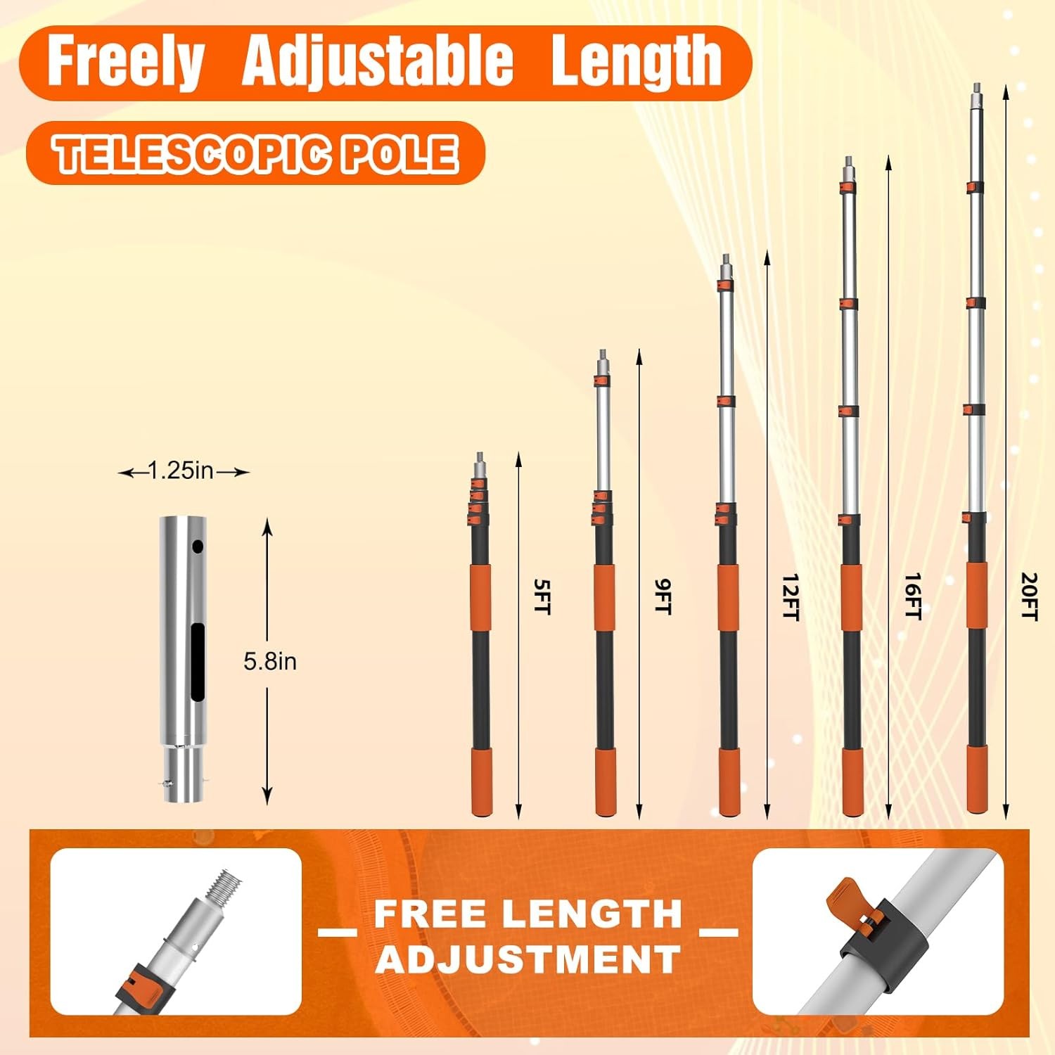 20FT Telescopic Pool Pole, Heavy Duty Swimming Pool Pole Adjustable Length, Alum